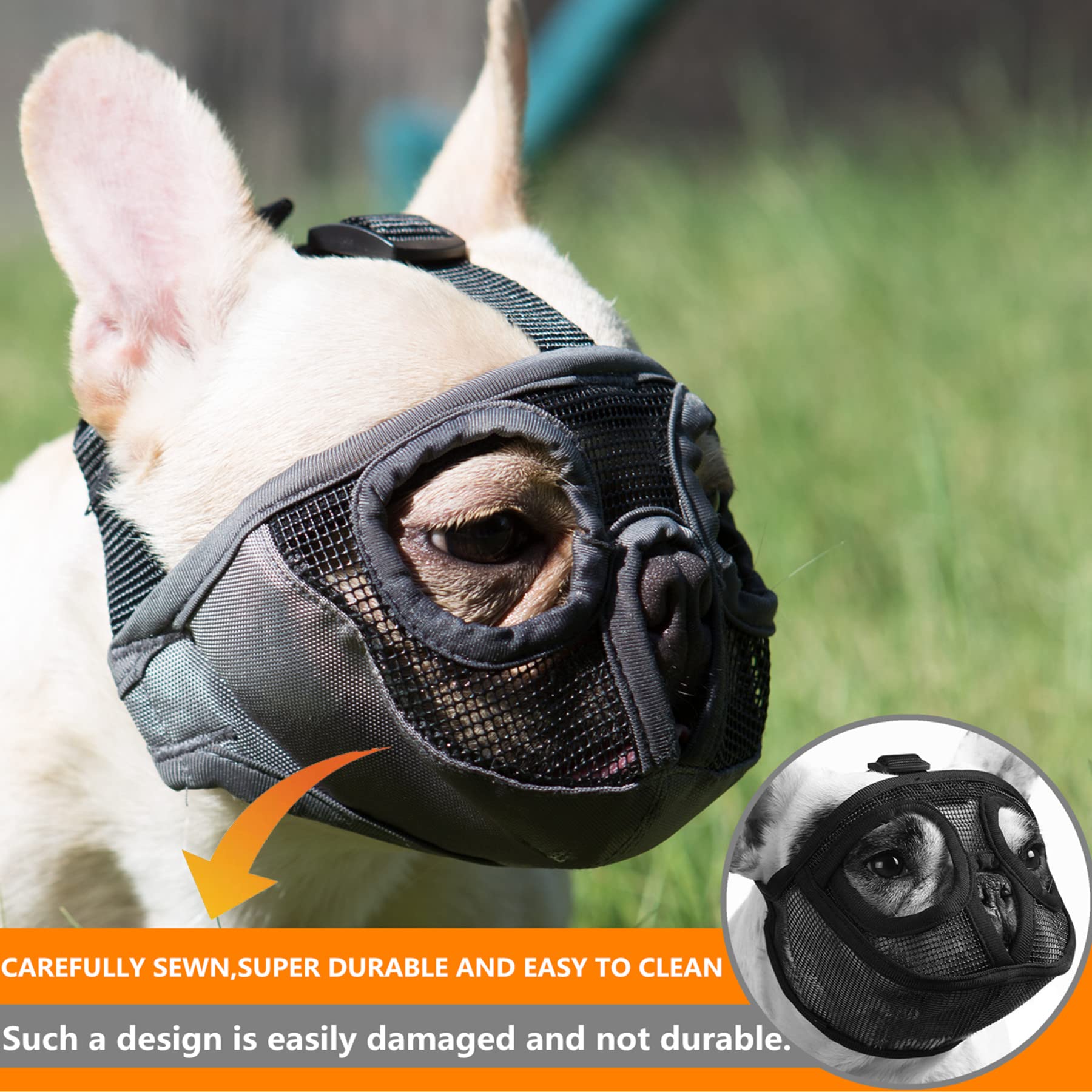 Breathable Mesh Dog Muzzle for Short Snout Breeds - Bulldog Training Mask for Biting, Chewing, Licking & Grooming - Black (Perfect for Vet Visits, Walks & Behavior Training)