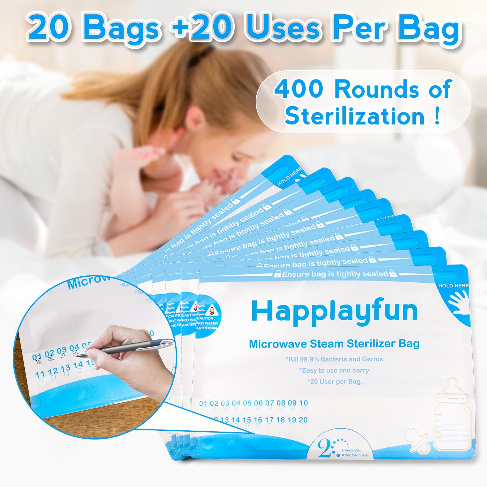 20 Pack Baby Bottle Microwave Sterilizer Bags | Breast Pump Parts & Pacifier Steam Sanitizer | Portable Travel Essential for Infants | Perfect for Daycare, Travel & On-the-Go Sterilization