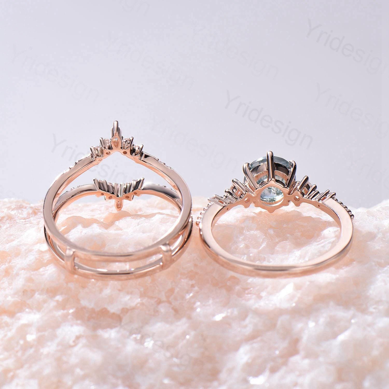 1 Carat Round Moss Agate Engagement Ring Set in 10K/14K/18K Rose Gold - Vintage Wedding Ring with Double Enhancer & Moissanite Diamond Stacking Band for Bridal Jewelry & Anniversary Gifts