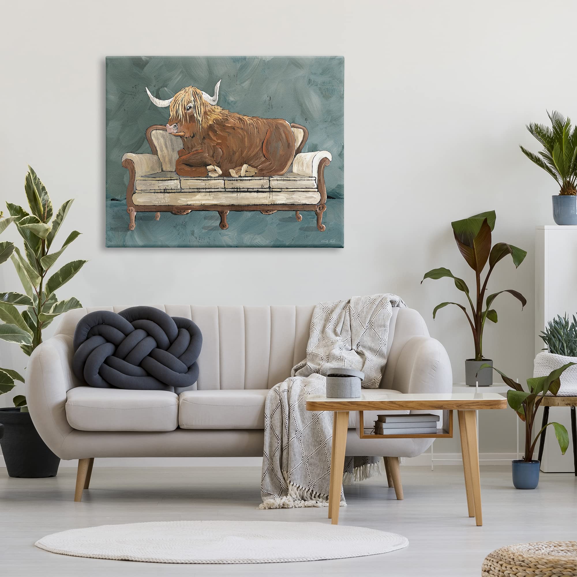 Stupell Industries Shaggy Cattle Resting Living Room Couch Canvas Wall Art - Green Gray & Blue Design by Cindy Jacobs - 48x36 Inches - Perfect for Farmhouse Decor, Living Room Accent Wall & Country Style Home