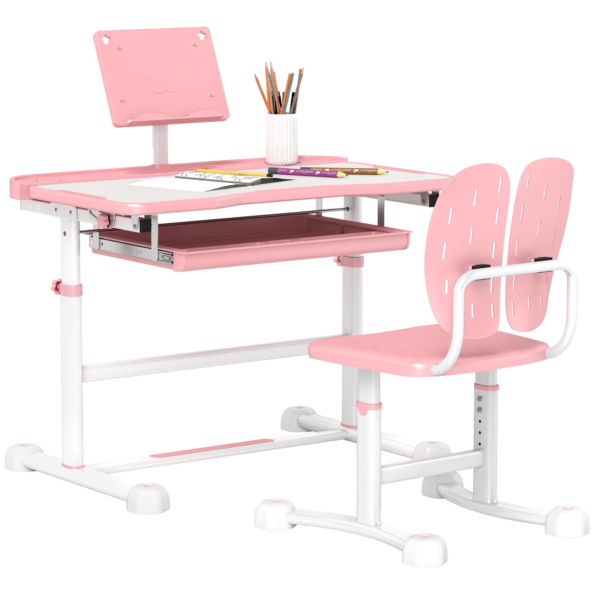 Qaba Adjustable Kids Desk and Chair Set with Storage Drawer & Book Stand - Ergonomic Study Desk for Writing, Reading, Drawing - Perfect for Homeschooling & Online Learning (Pink)
