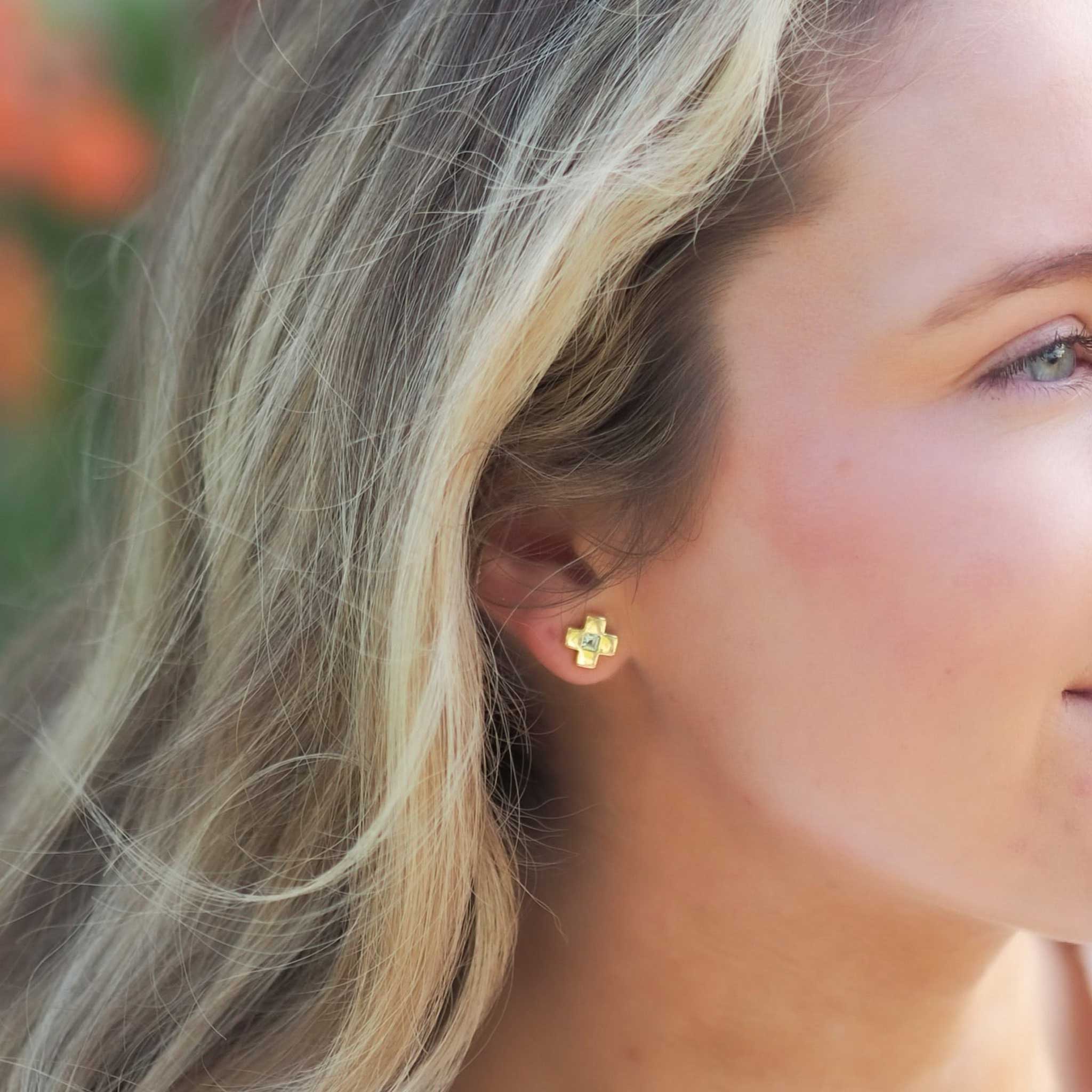 Blue Topaz Cross Stud Earrings - Goldbug Collection | Hypoallergenic Sterling Silver Jewelry for Women | Perfect for Church, Weddings & Everyday Wear
