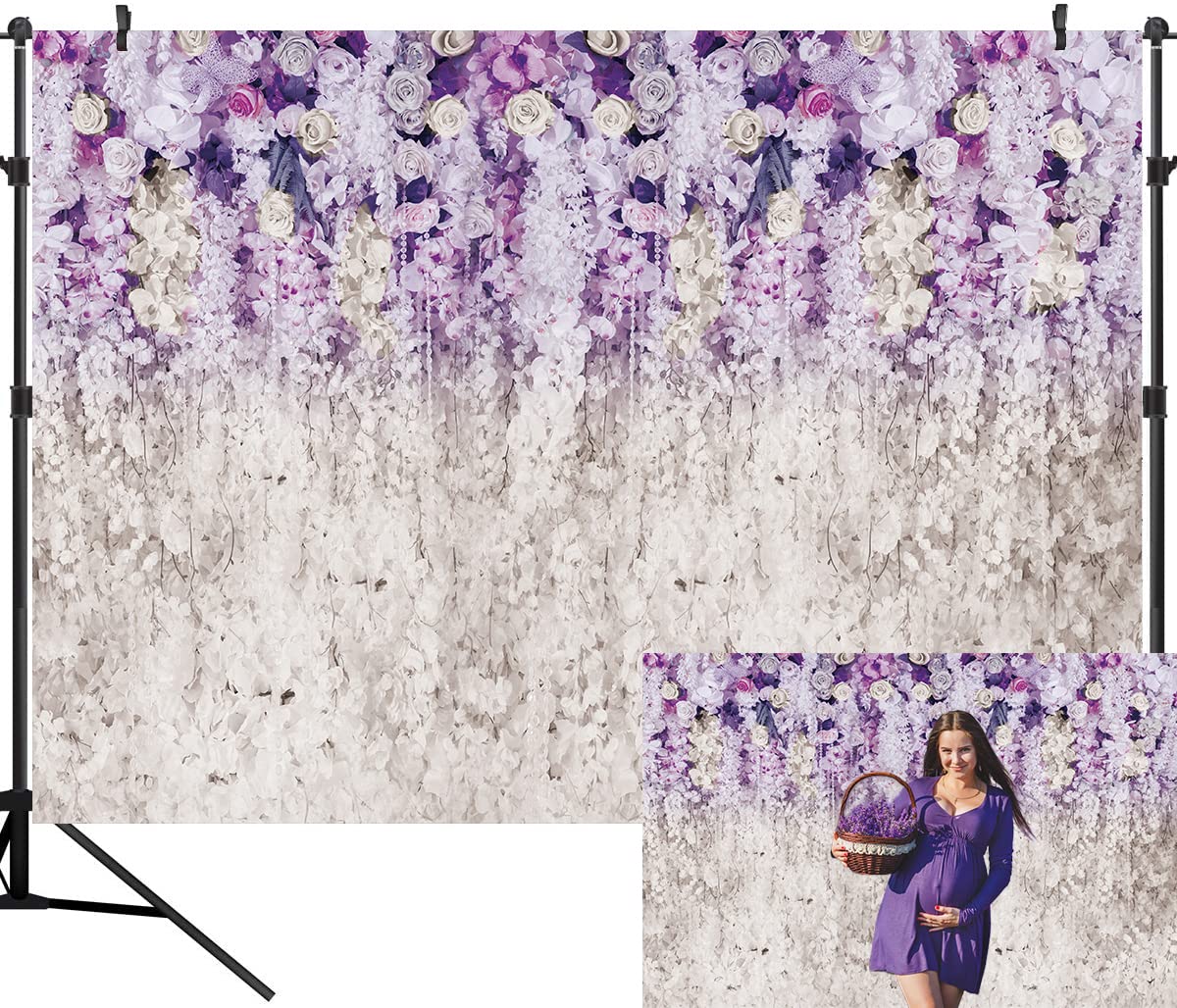 Purple and White Floral Vinyl Photography Backdrop - 7x5ft Wedding Bridal Shower Baby Shower Birthday Party Decor for Cake Table, Baby Girls, Women & Moms (DLA113B) - Perfect for Indoor Events, Photo Booths & Social Media Backgrounds