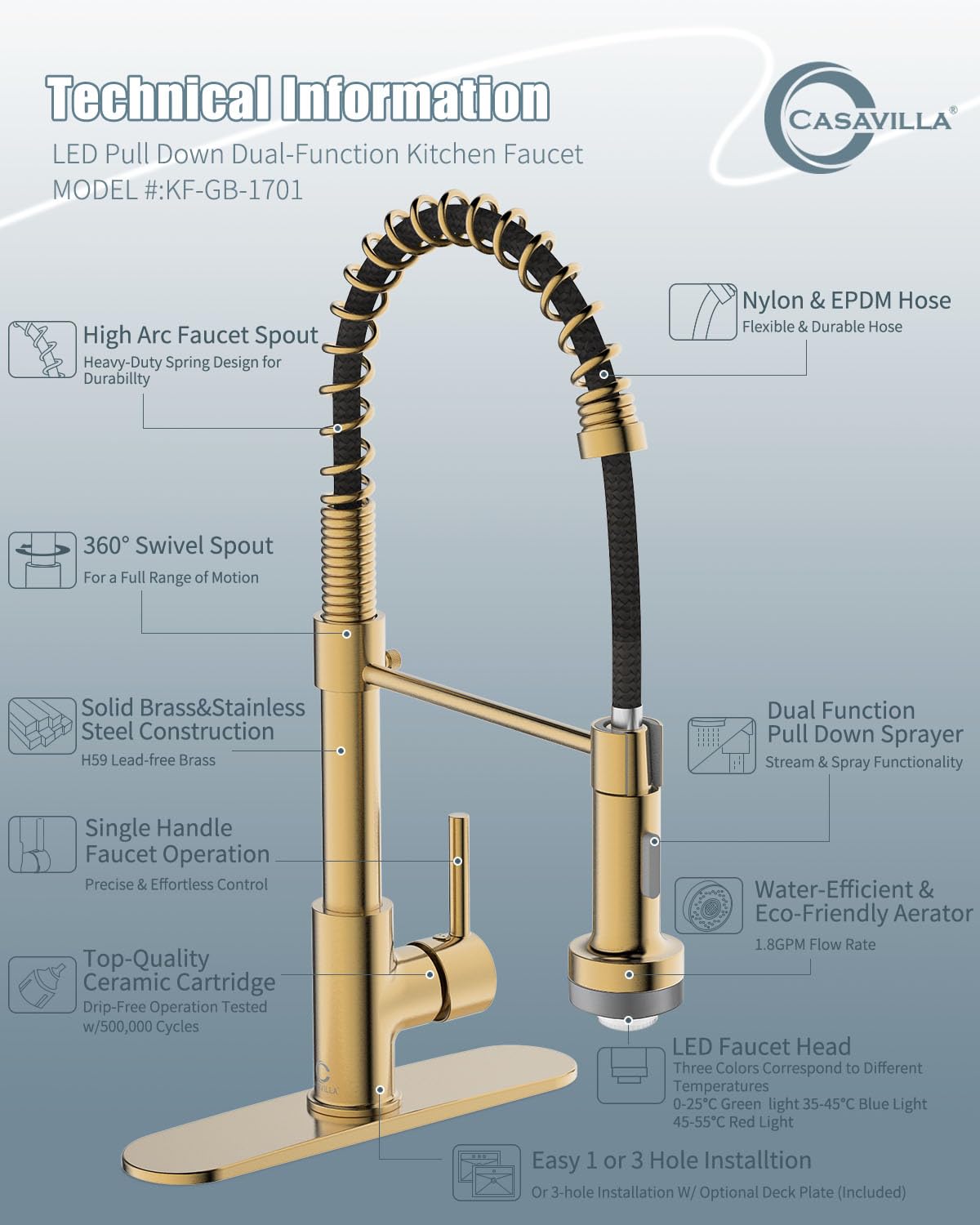 Brushed Gold LED Kitchen Faucet with Pull Down Sprayer, Soap Dispenser & Deck Plate - Single Handle Modern Faucet for RV, Camper, Farmhouse & Residential Kitchen Sinks | Perfect for Cooking, Washing Dishes & Food Prep