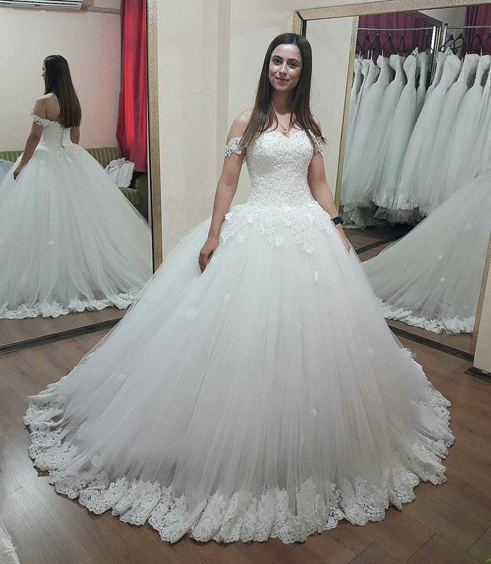 Elegant Lace Sweetheart Off-Shoulder Tulle Wedding Dress Ball Gown for Brides - Perfect for Church Ceremonies, Beach Weddings & Formal Receptions