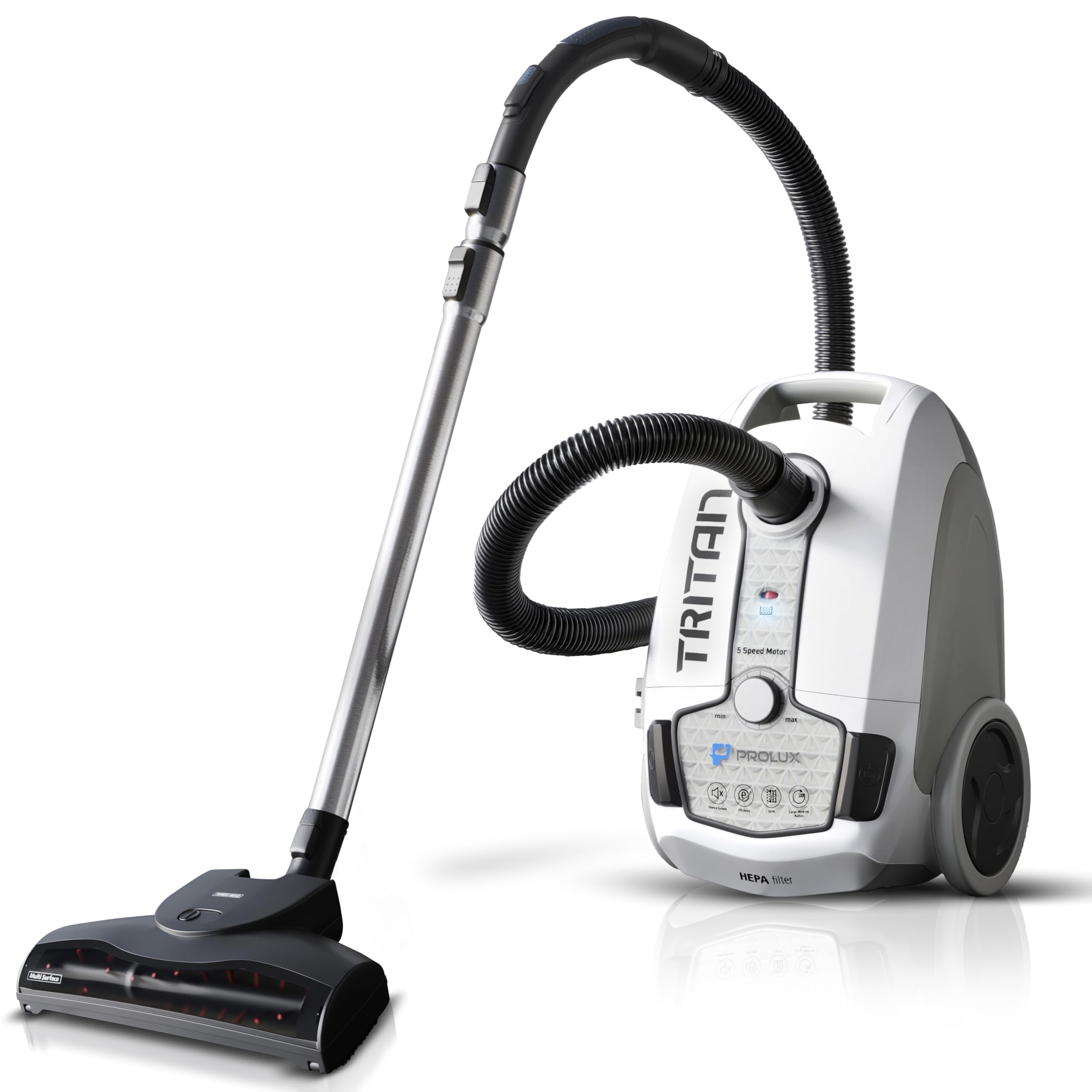 Prolux Tritan Bagged Canister Vacuum Cleaner with HEPA Filter - 5 Speed Powerful & Quiet Motor for Pet Hair Removal - Ideal for Carpets, Hardwood Floors & Car Detailing - Home & Office Cleaning Solution