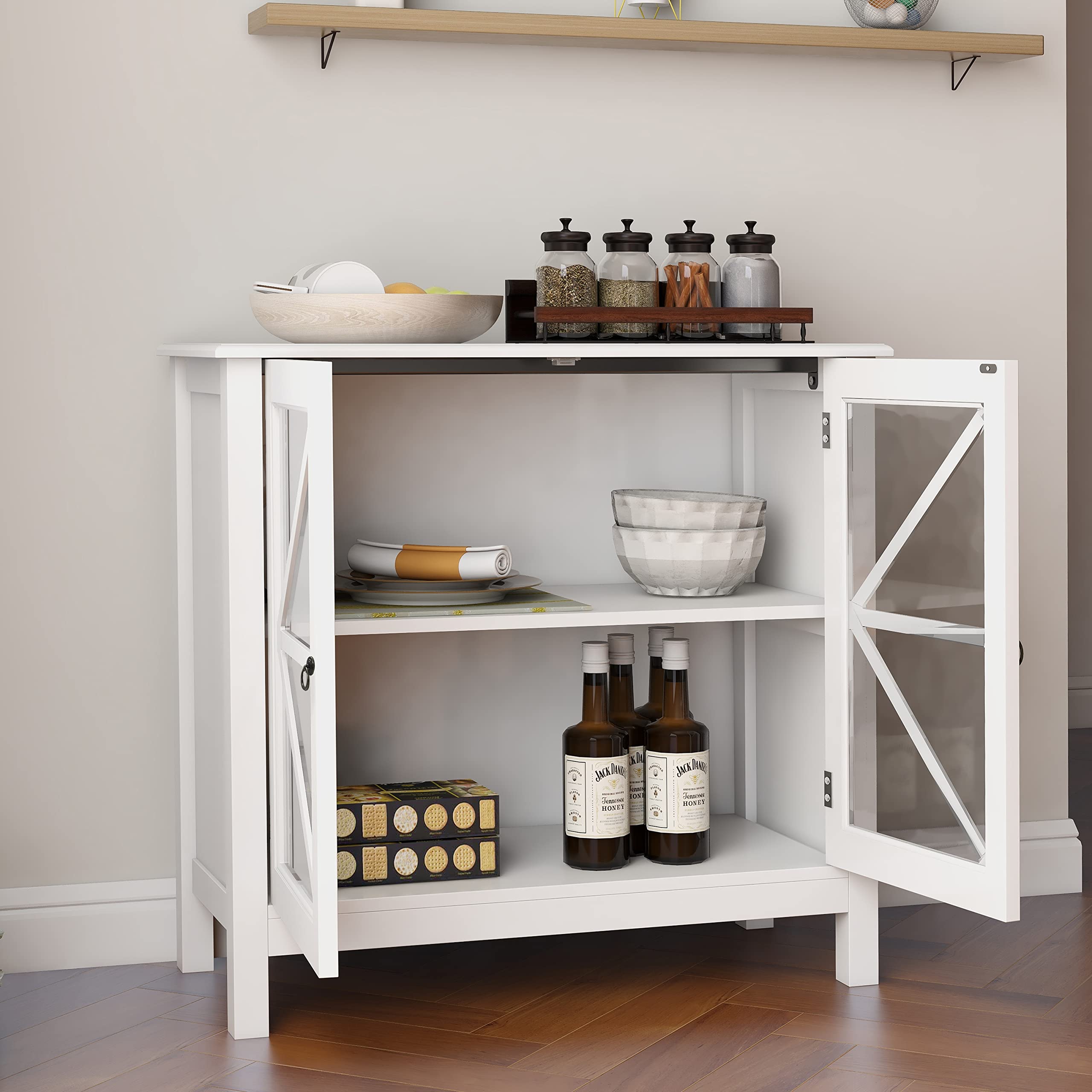 White Accent Storage Cabinet with Glass Doors - Small Buffet Sideboard for Kitchen & Dining Room - Entryway Console Cabinet - Perfect for Home Decor & Storage Solutions