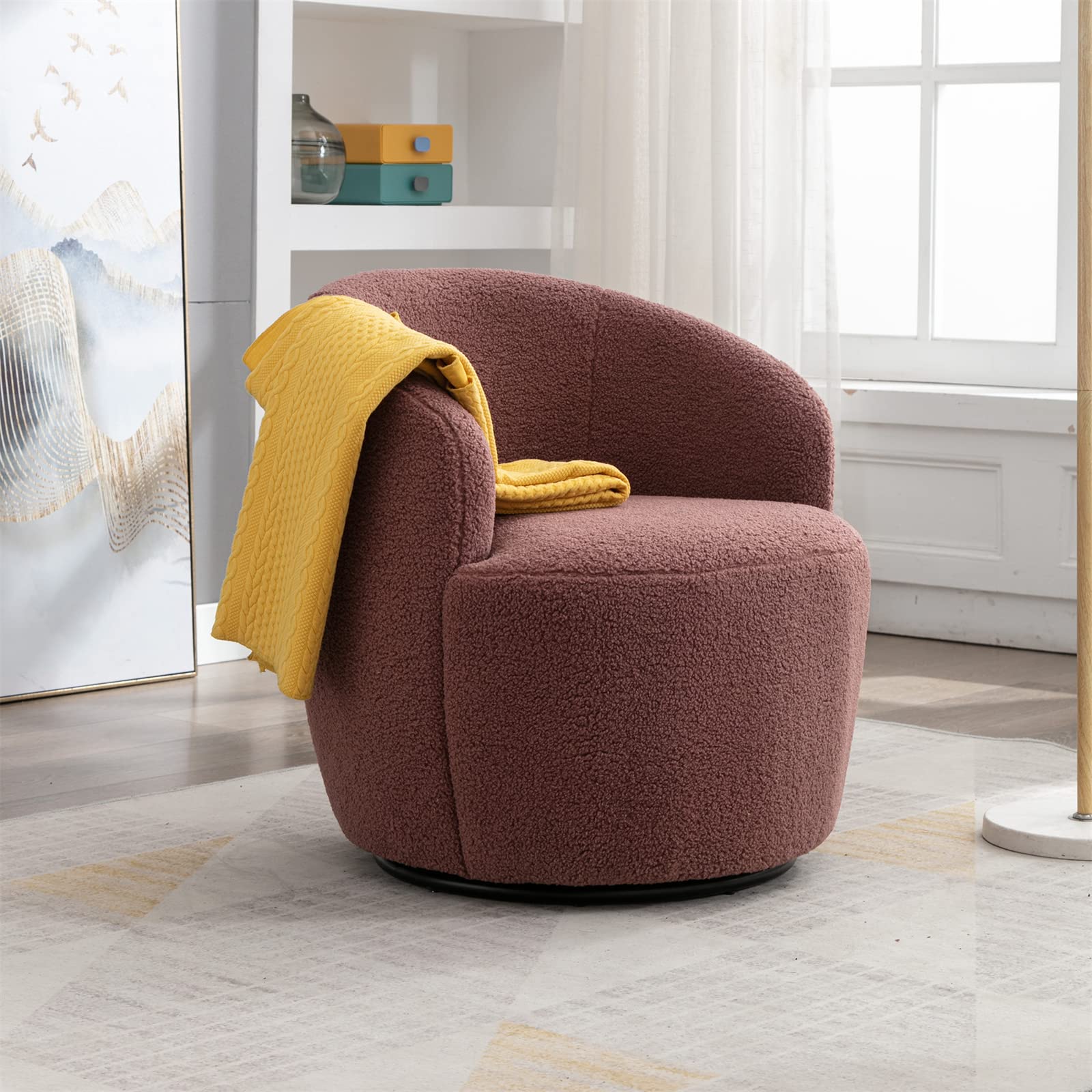 JINS&VICO Modern Swivel Barrel Chair - Teddy Fabric Upholstered Accent Armchair with 360° Metal Swivel Base, Round Single Leisure Sofa Chair for Living Room, Bedroom & Office - Dark Red - Perfect for Reading Nooks, Coffee Shops and Cozy Home Decor