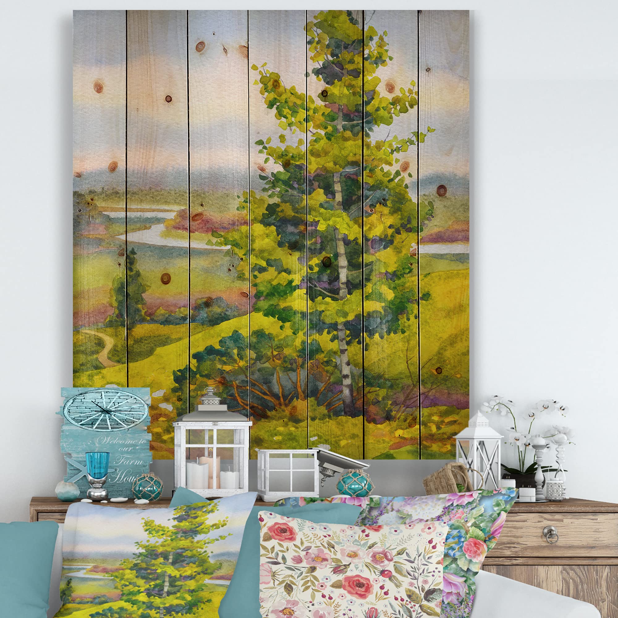 Vibrant Orange Birch Lake House Wood Wall Decor - Nature-Inspired Pine Art for Living Room & Bedroom