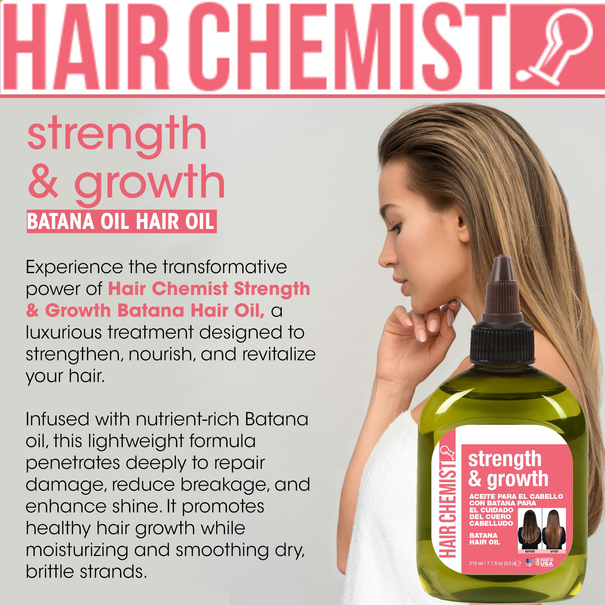 Hair Chemist Strength & Growth Batana Oil Shampoo & Conditioner Set (33.8 oz) + Hair Oil (7.1 oz) - 3-Piece Kit for Hair Growth, Thickening & Repair | Natural Hair Care for Dry, Damaged Hair | Perfect for Daily Use & Salon Treatments