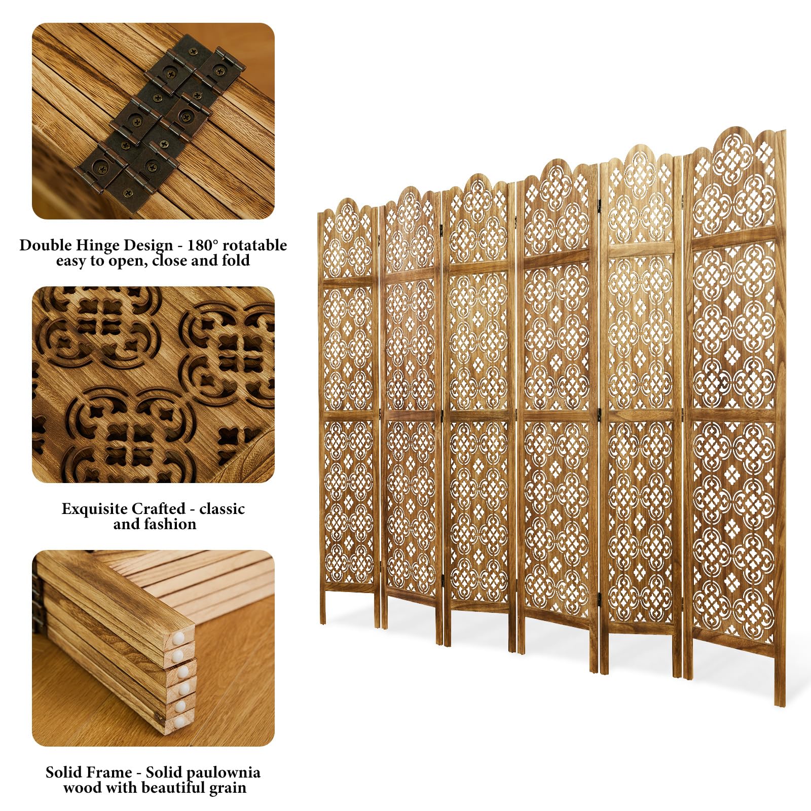 5.75Ft Wooden Room Divider - Hand Carved Folding Partition Screen for Home, Office, Garden & Terrace - 6 Panel Portable Privacy Screen (Antique Brown) | Perfect for Creating Private Spaces, Home Decor, and Room Separation