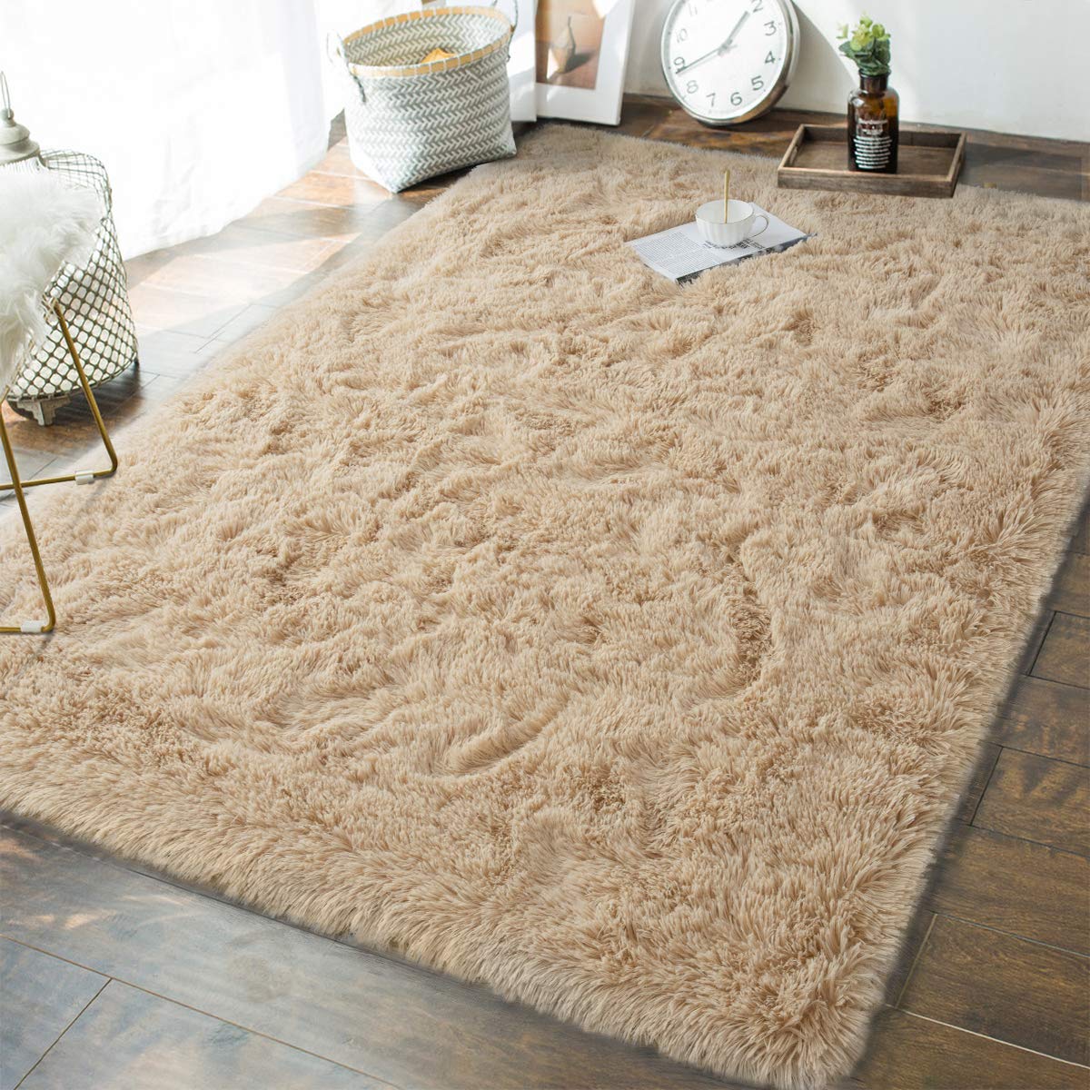 Andecor 8x10 Feet Soft Fluffy Shaggy Plush Area Rug - Ultra Cozy Bedroom Carpet for Kids, Boys, Girls, Baby Nursery & College Dorm Decor - Non-Slip Living Room Floor Mat in Camel Color - Perfect for Playrooms, Bedside & Home Comfort
