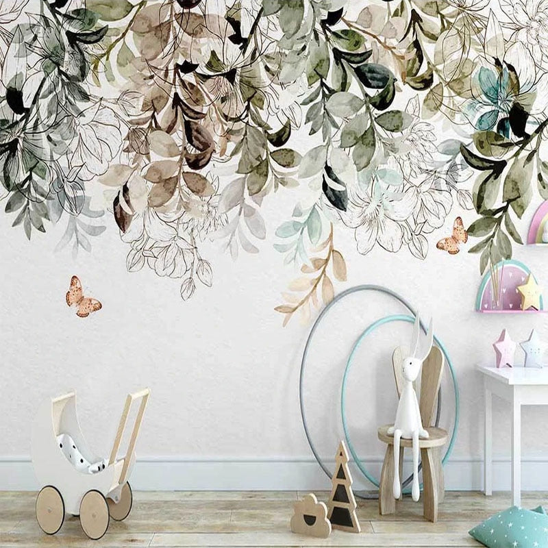 Nordic Leaf Butterfly Flower Wallpaper - Modern Botanical Wall Decor for Living Room, Bedroom & Nursery | Peel & Stick Removable Wall Mural
