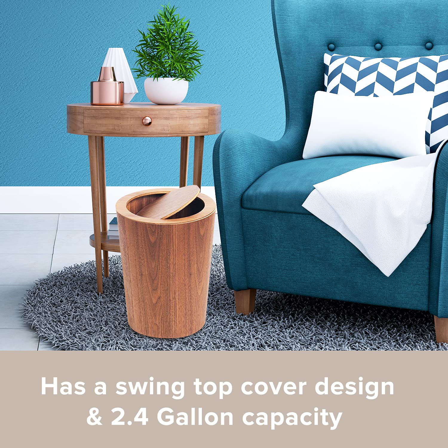 Modern Round Trash Can with Lid - Wood Grain Waste Basket in Walnut - 9.25