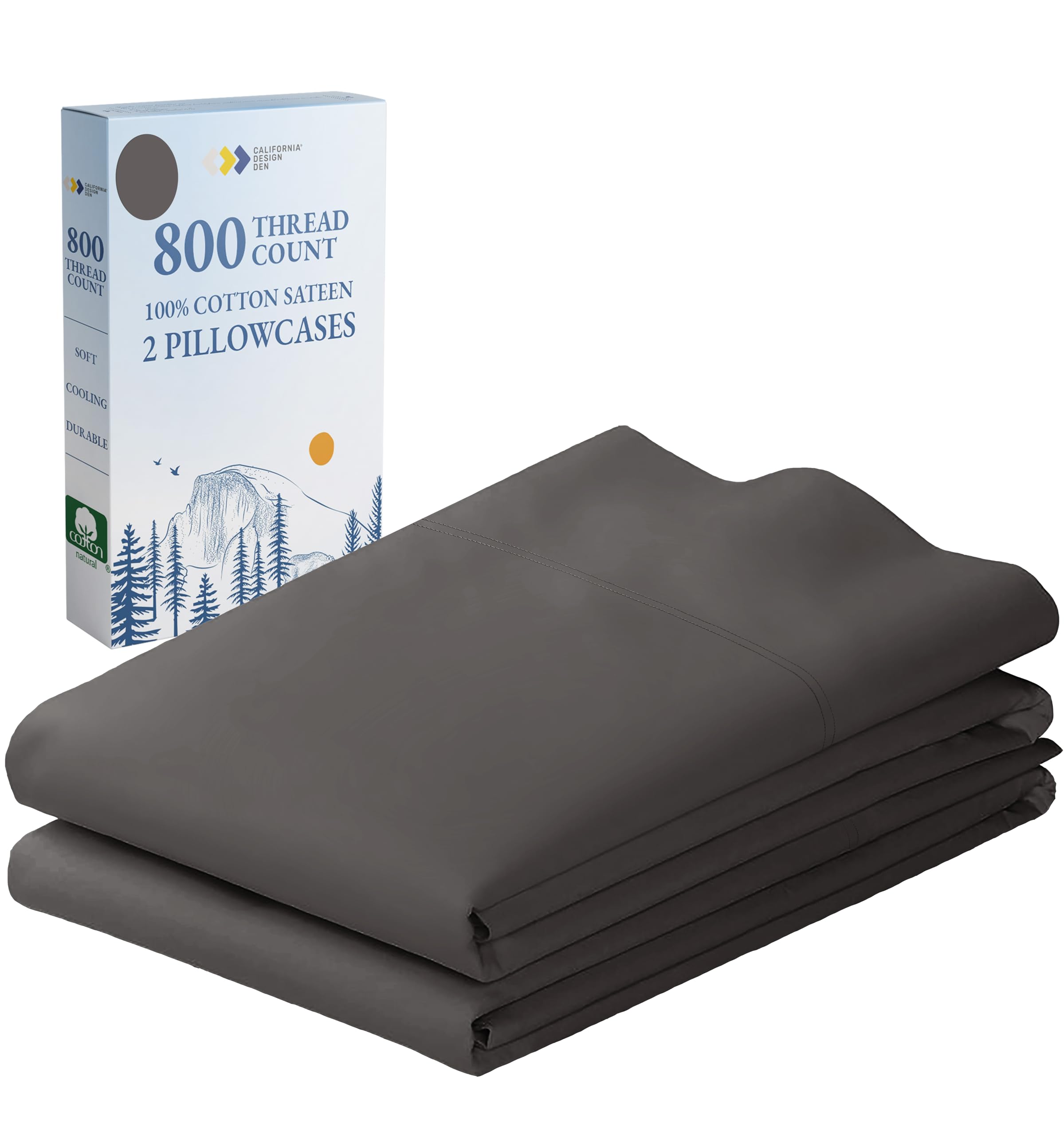 Premium 800 Thread Count 100% Cotton Sateen King Size Pillowcases (2-Pack) - Ultra Soft, Breathable & Durable - Luxury Bedding for Better Sleep - Fits Standard King Pillows - Grey