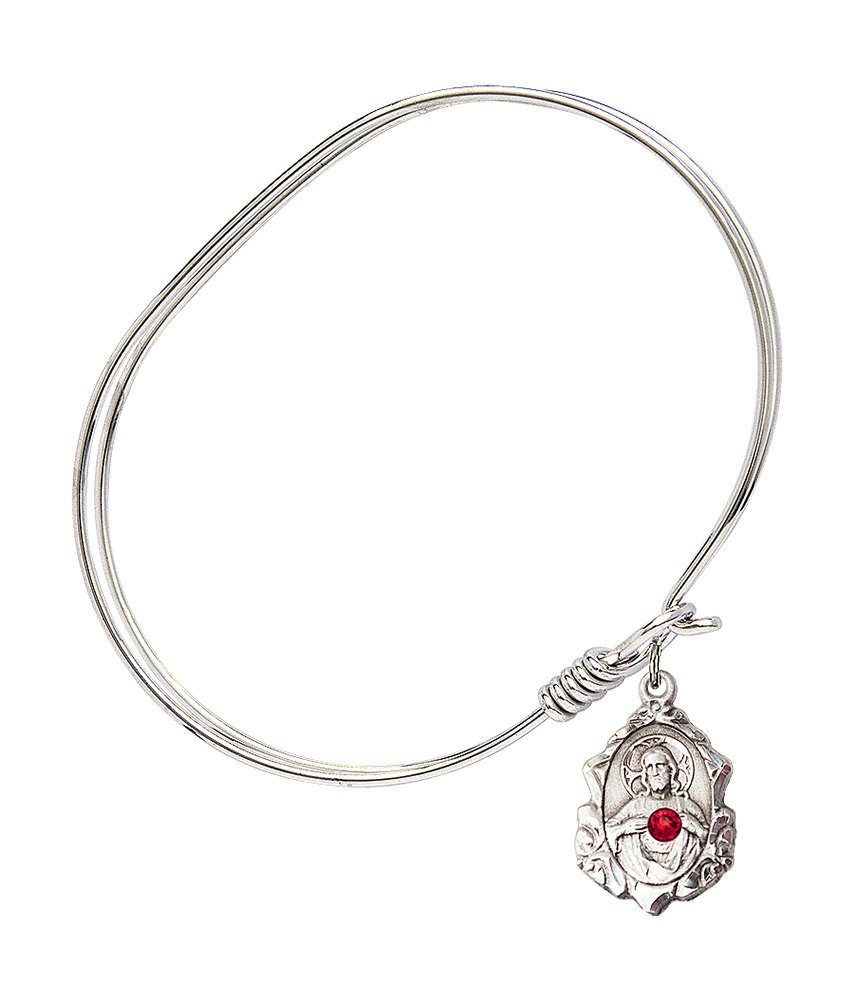 7 Inch Oval Eye Hook Bangle Bracelet with Scapular Medal Charm & July Red Crystal - Elegant Religious Jewelry for Women, Perfect for Church, Weddings, and Special Occasions
