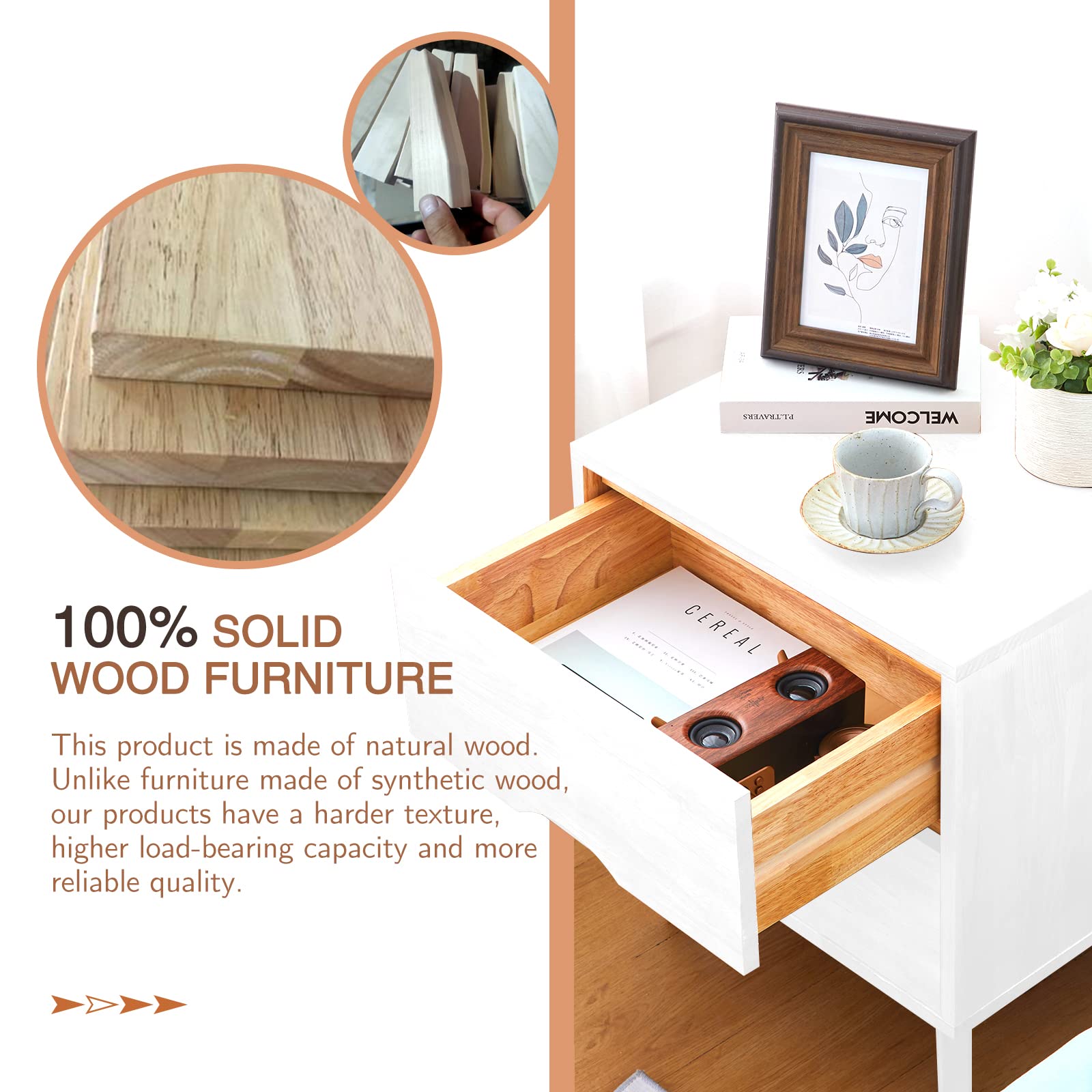 Mid Century Modern Nightstand with Grooved Handle - 2 Drawer Wooden Bedside Table with Storage Shelf, White - Perfect for Bedroom, Living Room & Guest Room Décor