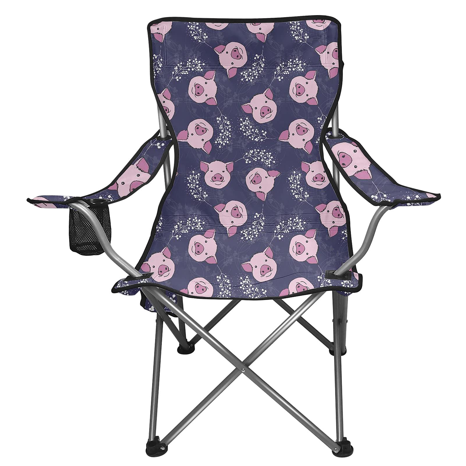 GLENLCWE Cute Pig Print Beach Chair - Lightweight Portable Folding Camping Chair with Cup Holder for Women, Outdoor Picnic, Beach, Pool, Garden & Backyard Relaxation