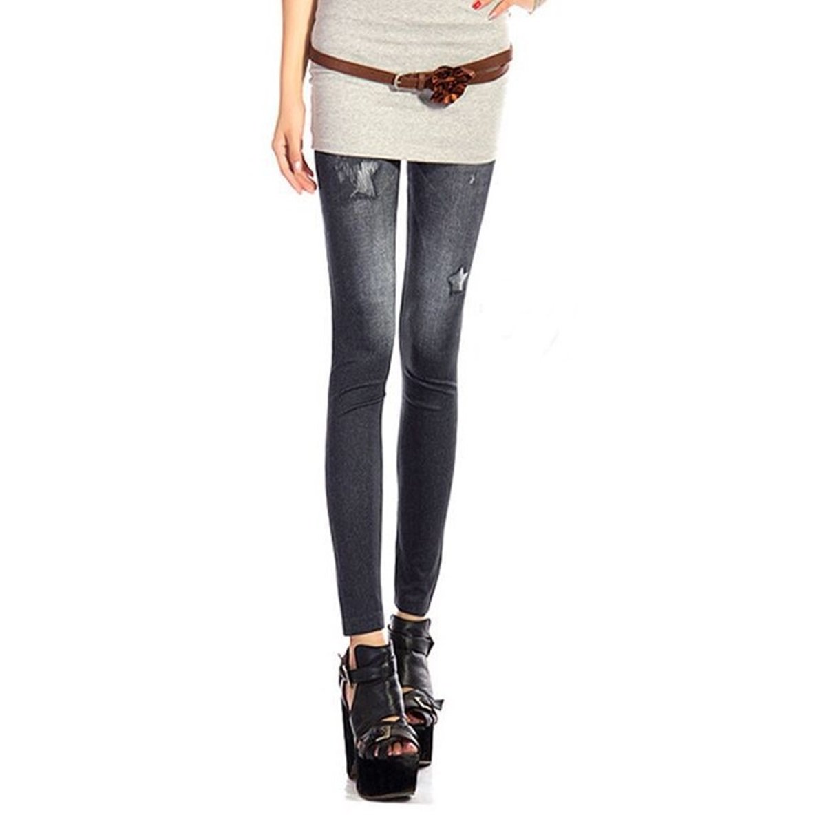 Wrapables Women's Faux Denim Print Leggings - Stretch Comfortable Yoga Pants for Workout, Lounge & Casual Wear