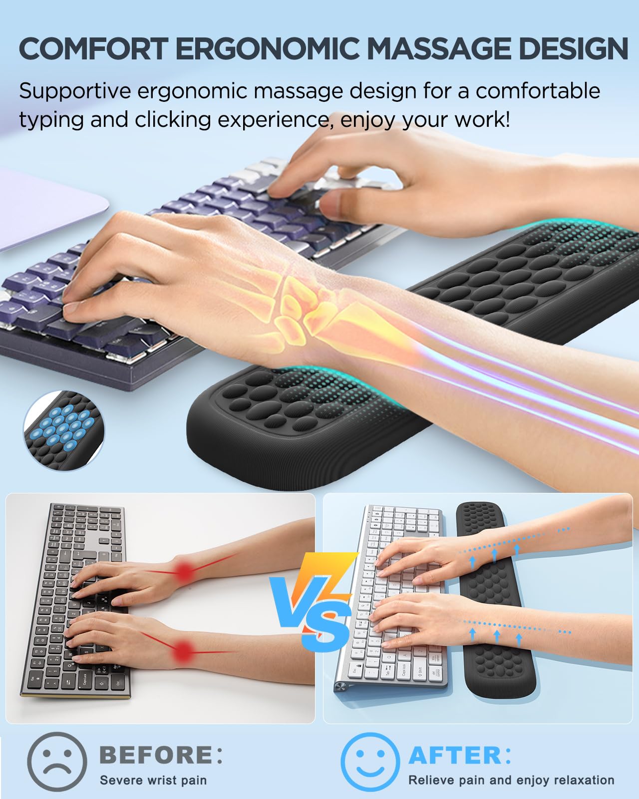 Lekvey Ergonomic Keyboard Wrist Rest - Memory Foam Support for Office & Gaming, Typing Pain Relief - Black