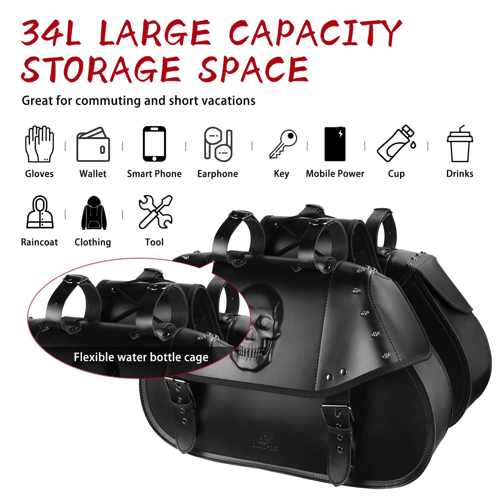 34L Large Capacity Waterproof Motorcycle Saddlebags - PU Leather Side Bags for Harley, Honda, Yamaha, Kawasaki (3D Skull Design, Black) | Perfect for Long Rides, Road Trips & Daily Commuting