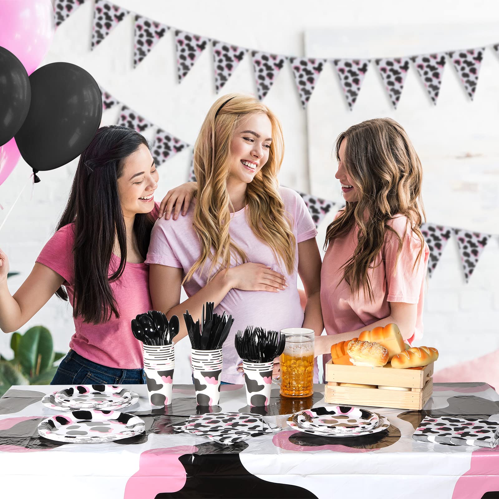 171-Piece Pink Cow Print Party Supplies Set - Plates, Cups, Napkins, Cutlery (24 Settings) with Banner & Tablecloths - Perfect for Cow-Themed Birthday, Baby Shower & Farm Animal Decorations (Great for Kids' Parties, Gender Reveals & Western-Themed Events)
