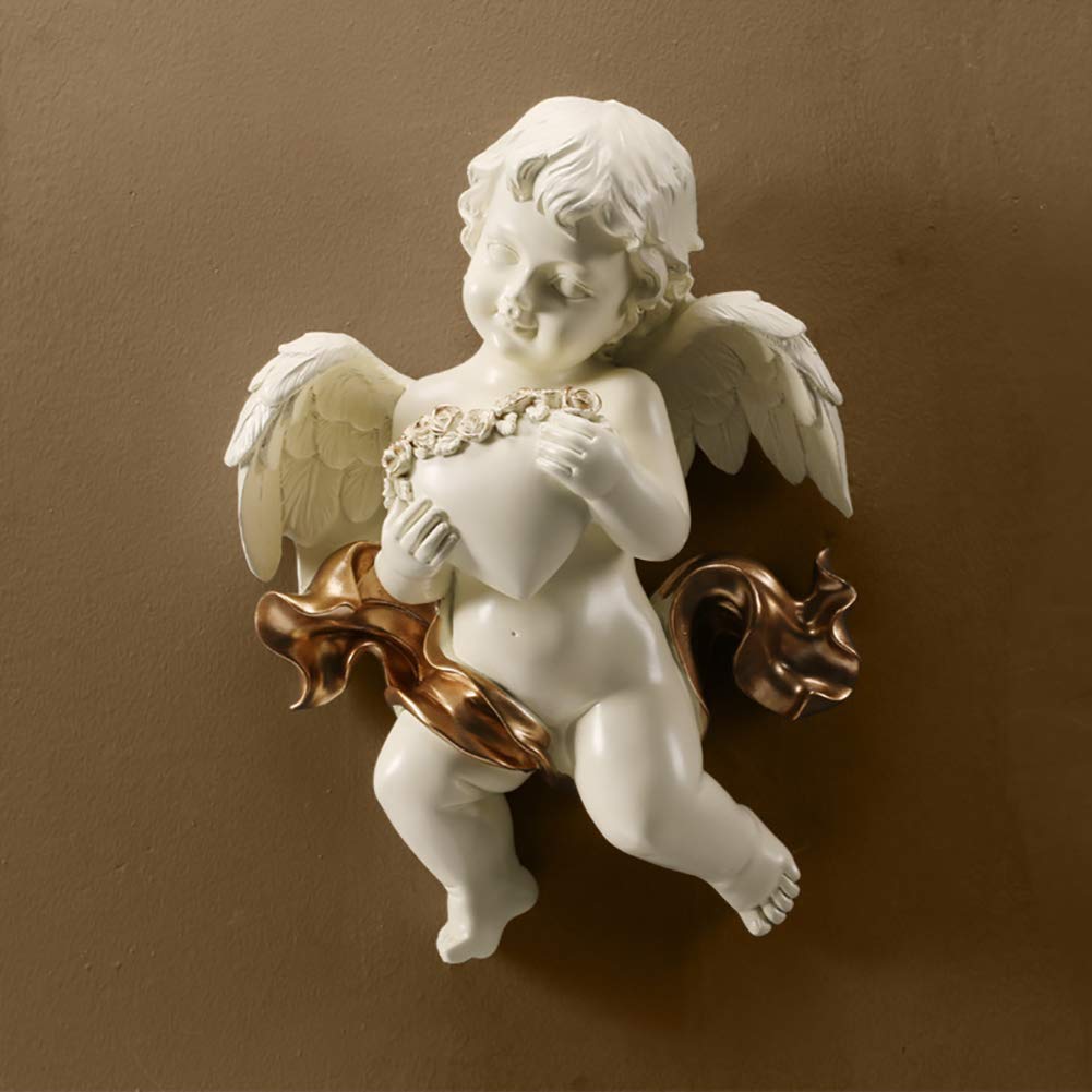 LKJH Angel Cupid Wall Hanging Sculpture - White 3D Cherub Garden Statue with Heart, 32x22x10cm (13x9x4inch) - Perfect for Wedding Decor, Home Ornament & Outdoor Garden Art