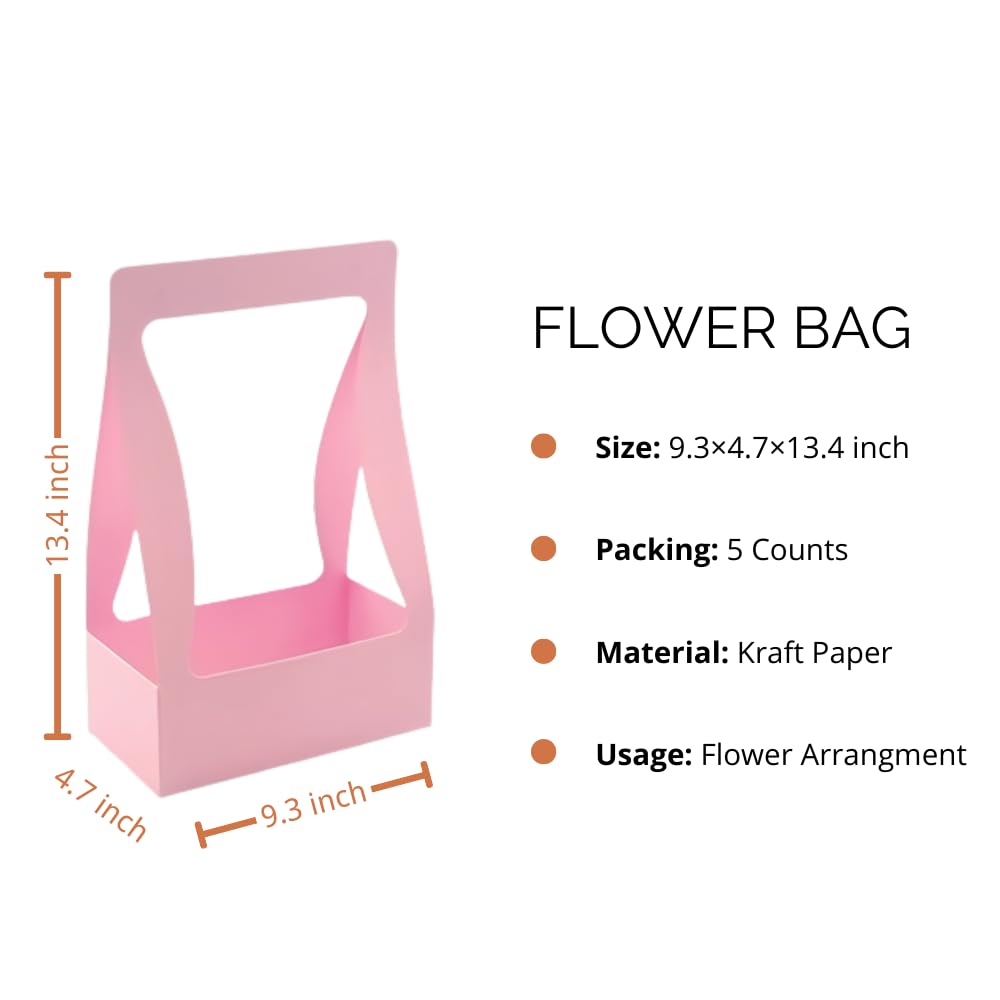 Premium Pink Craft Paper Gift Bags with Handles - 5 Pack Floral Bouquet Packaging for Weddings, Birthdays & Special Occasions | Eco-Friendly Florist Bags for Flowers, Gifts & Party Favors