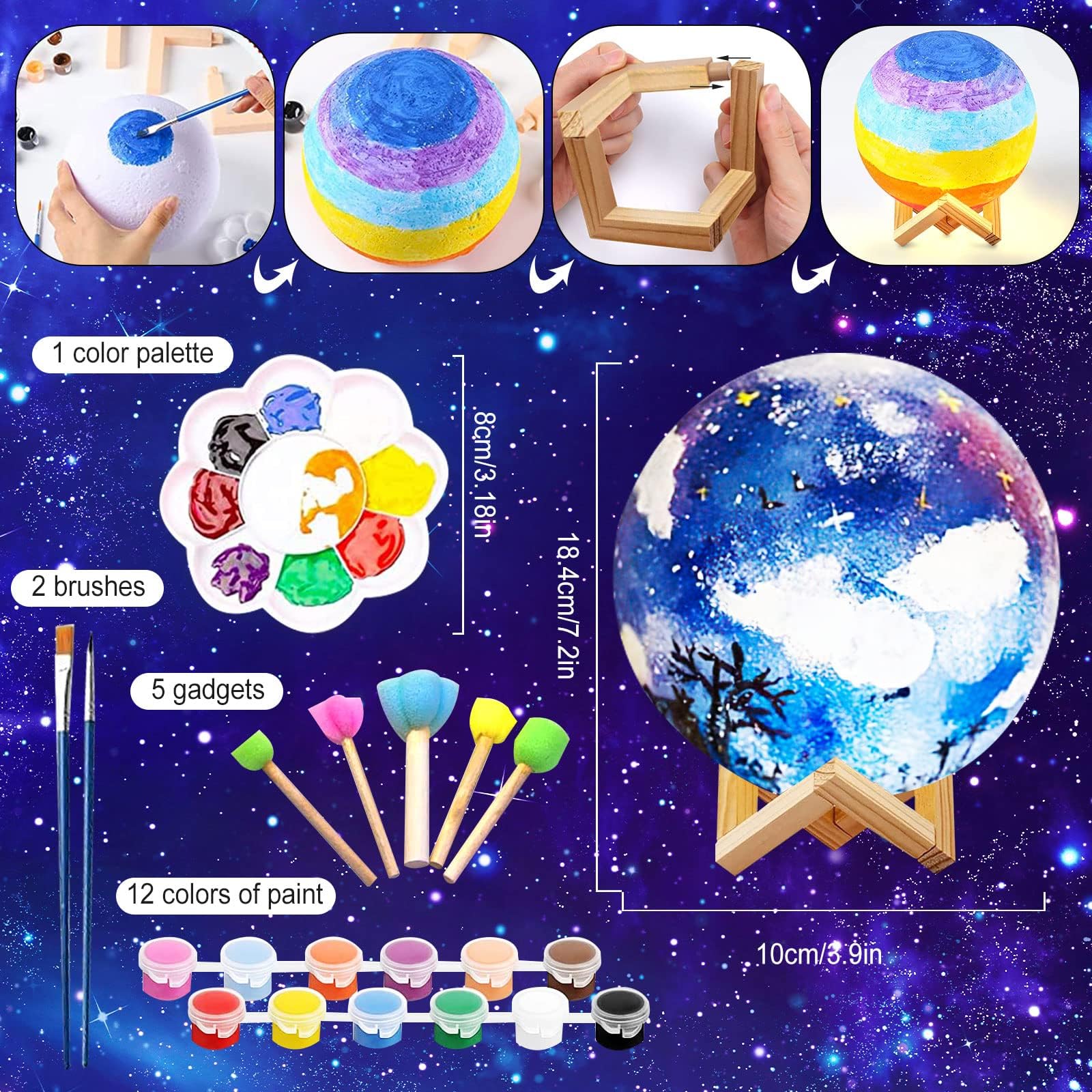 DIY Moon Lamp Painting Kit - Glow in The Dark Night Light with Plastic Stand, Space Themed Kids Art & Craft Project, Creative Gift for Teens Girls & Boys Ages 3-12 | Bedroom Decor, Birthday Present, Science Learning Toy, Relaxing Night Light for Kids Room