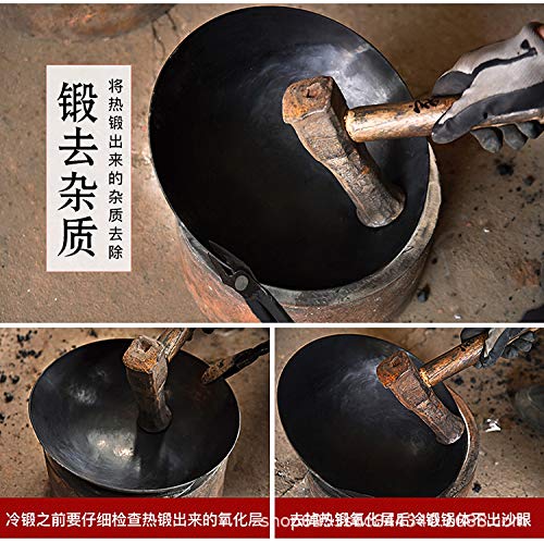 100% Hand Hammered Iron Wok Pan - 34CM Non-Stick Stir Fry Pan with Black Seasoned Wooden Handle - No Coating, Less Oil Cooking - Perfect for MasterChef & Home Chefs - Ideal for Stir-Frying, Sautéing & Asian Cuisine