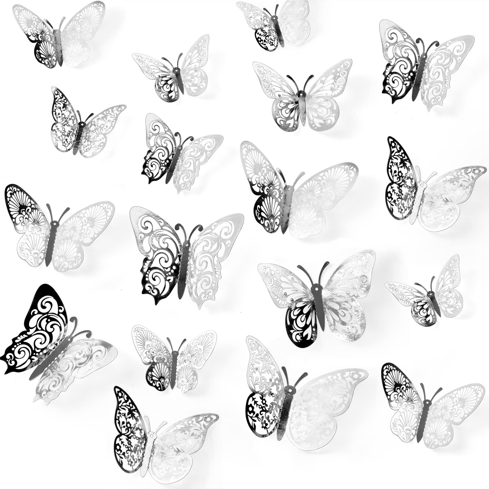 72 Pcs Silver Butterfly Decorations - 3 Sizes & Styles, 3D Wall Butterflies for Party, Birthday, Wedding, Nursery Room Decor | DIY Crafts, Cake Toppers, Wall Stickers & Home Decoration Ideas