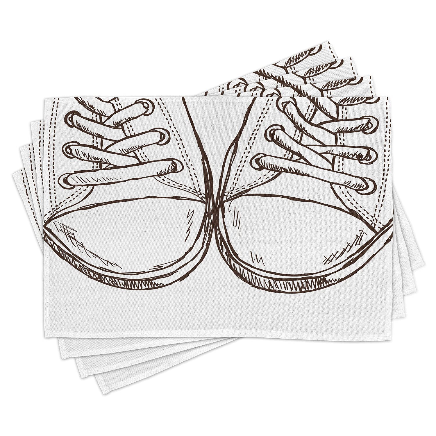 Ambesonne Hipster Place Mats Set of 4 - Hand Drawn Sneakers Design, Washable Fabric Table Mats for Dining Room, Kitchen & Office - Standard Size Dark Brown & White - Perfect for Casual Meals, Teen Decor & Urban Lifestyle