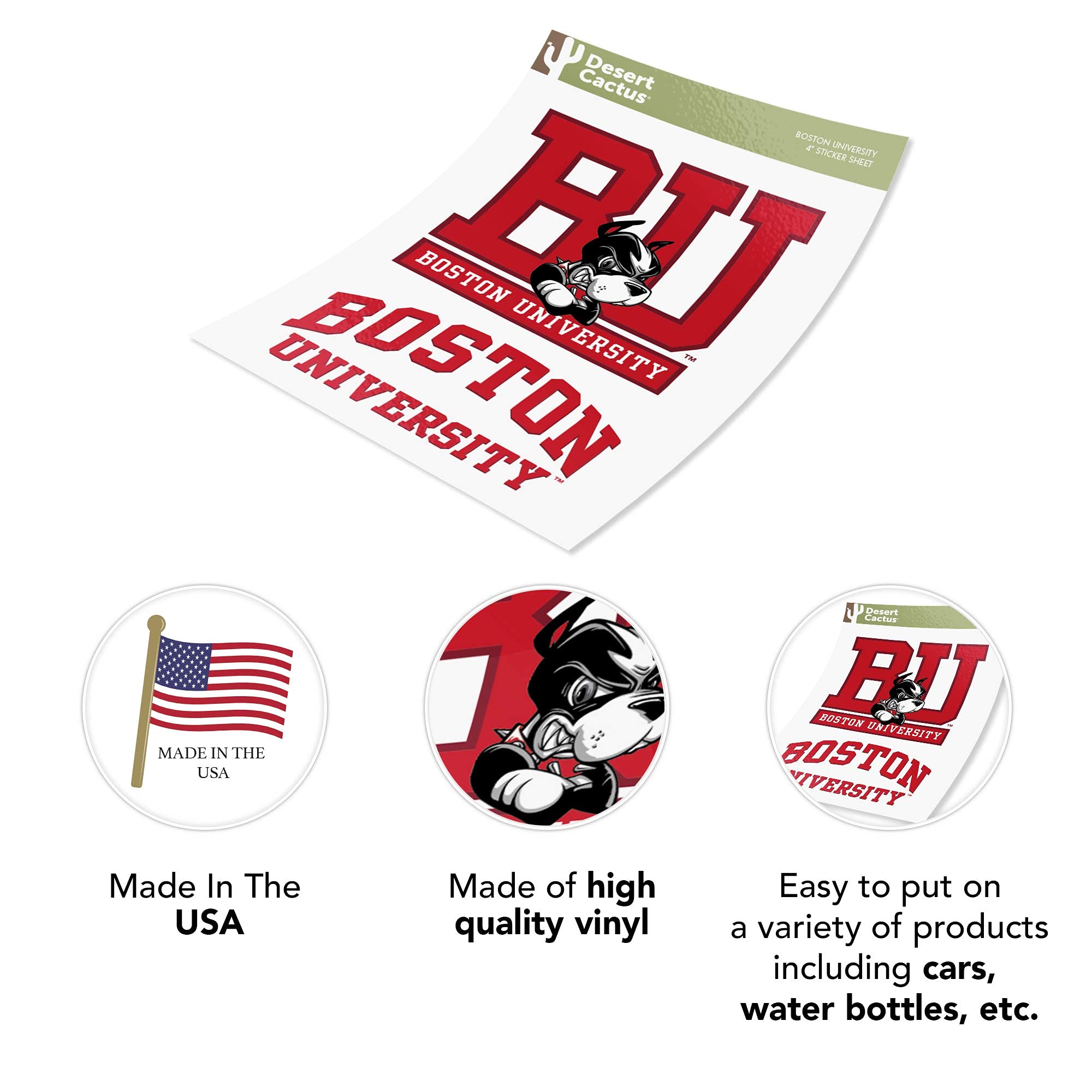 Boston University Terriers Vinyl Decals - 4 Inch Set V1 | Desert Cactus Design | Waterproof Stickers for Laptop, Water Bottle, Car & Scrapbooking | Perfect for BU Students & Alumni School Spirit