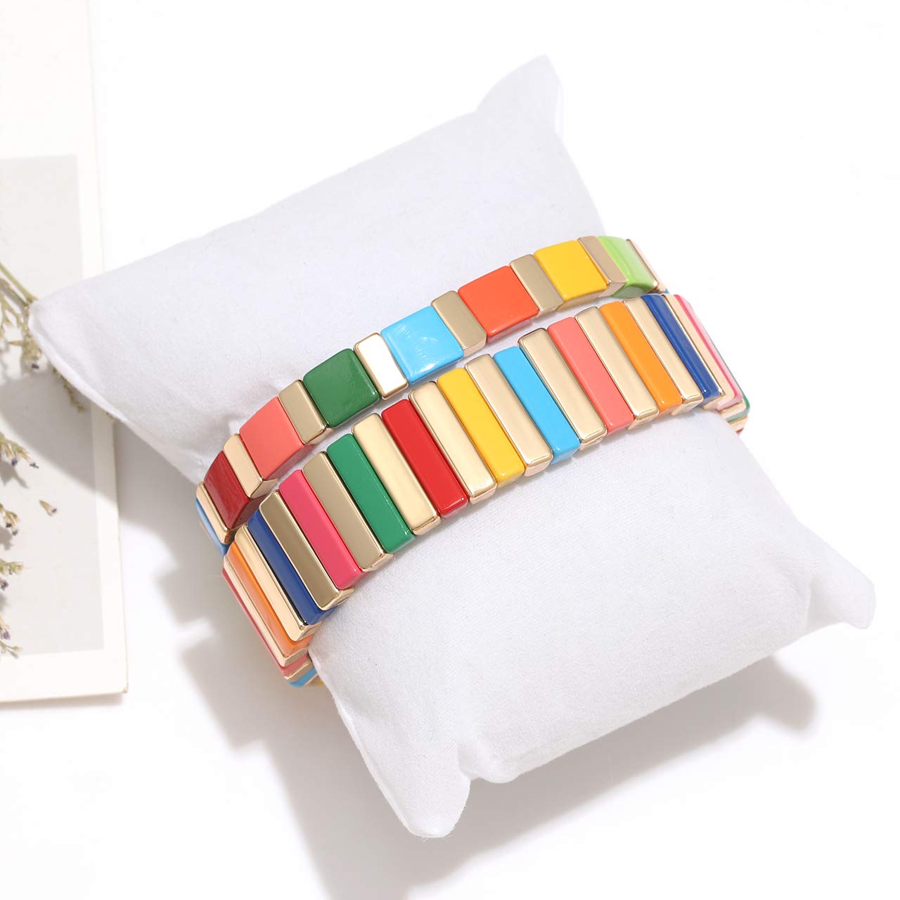 Rainbow Enamel Tile Bead Stretch Bracelets Set - Colorful Elastic Stackable Boho Bracelets for Women & Men | Handmade Layering Bracelets for Casual Wear, Festivals & Gifts