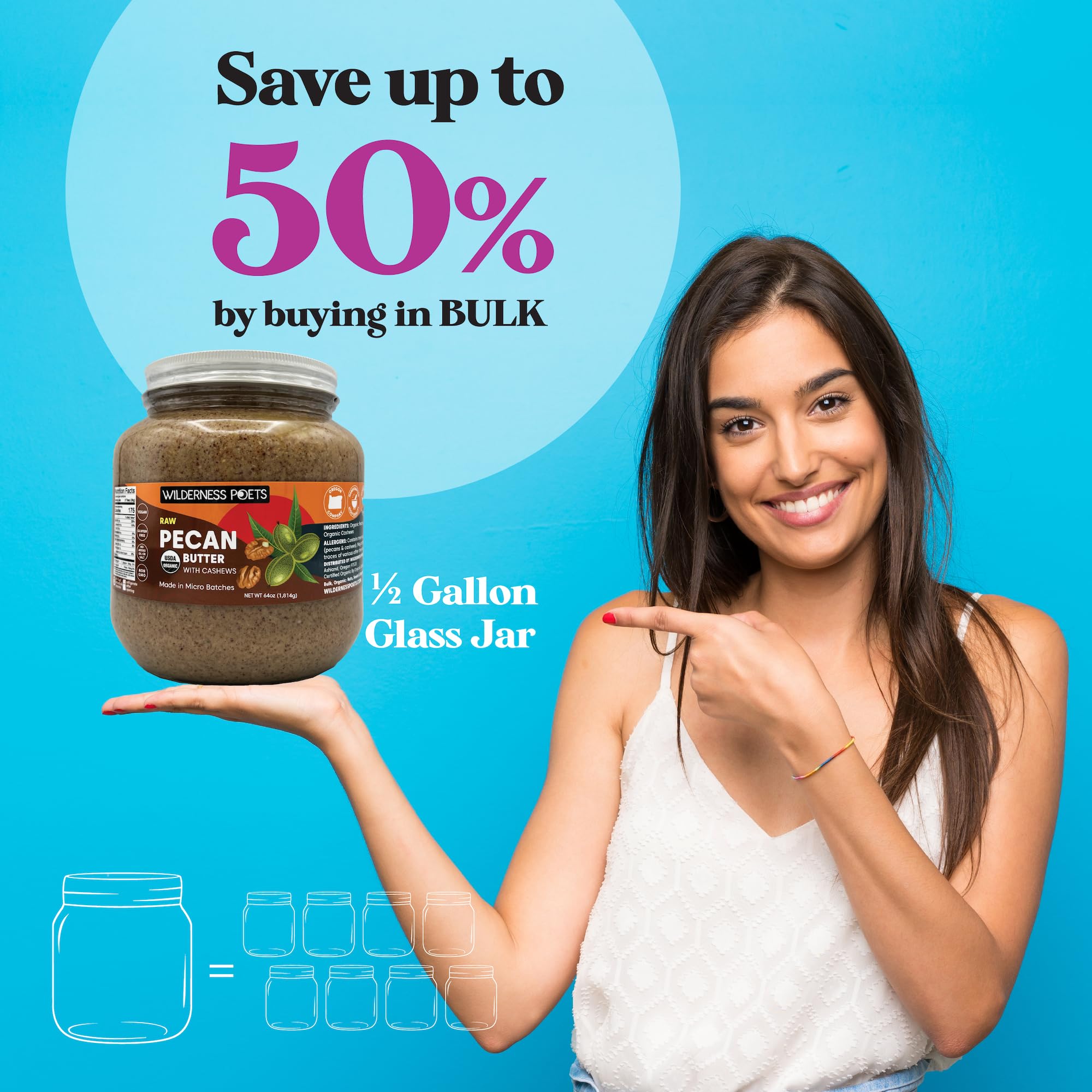 Organic Raw Pecan Butter in Bulk - 64oz (4lb) Half Gallon Glass Jar - Wilderness Poets - Perfect for Smoothies, Baking & Healthy Snacks