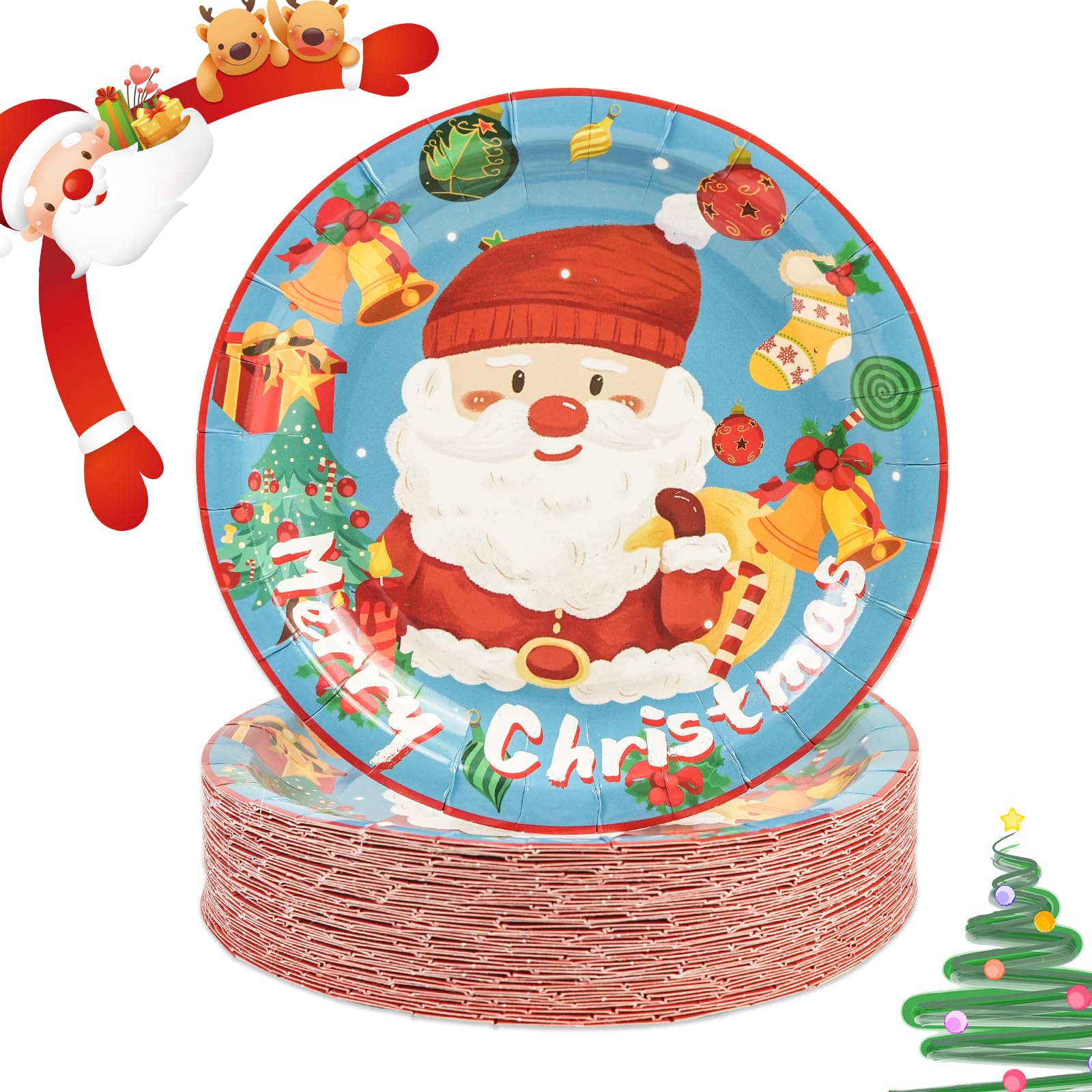 50PCS Blue Christmas Paper Plates 7Inch - Disposable Party Supplies for Holiday Birthday Wedding