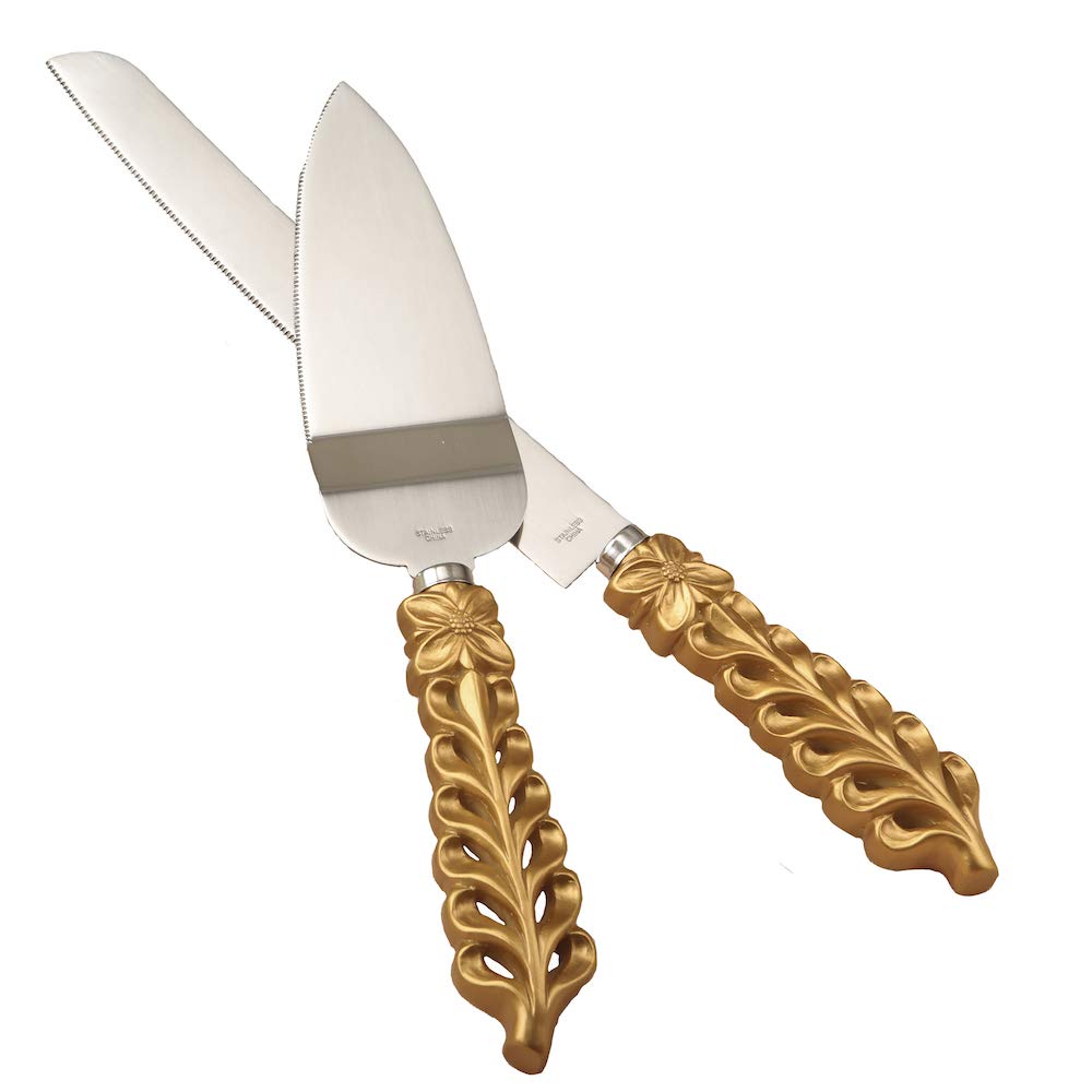FASHIONCRAFT 2528 Gold Lattice Botanical Collection Stainless Steel Cake Knife Set - Cake Knife & Server for Weddings, Birthdays & Special Occasions