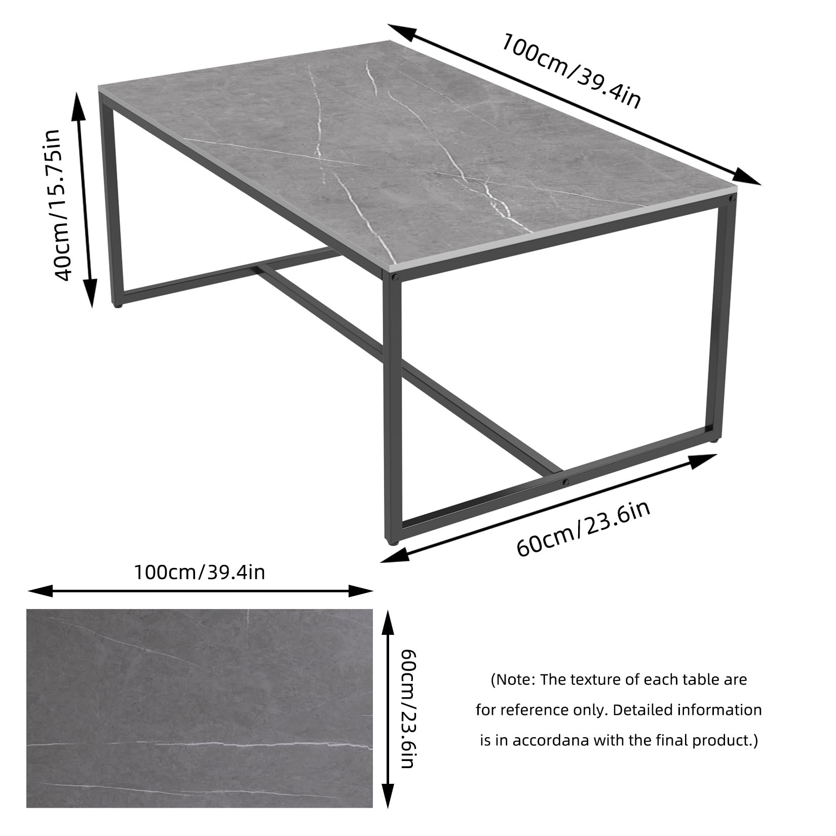 Wisfor Sintered Stone Coffee Table - Modern Grey Rectangular Sofa Table with Sturdy Black Metal Frame, 39.4x23.6x15.7 Inch - Perfect for Living Room Decor, Family Gatherings & Coffee Time