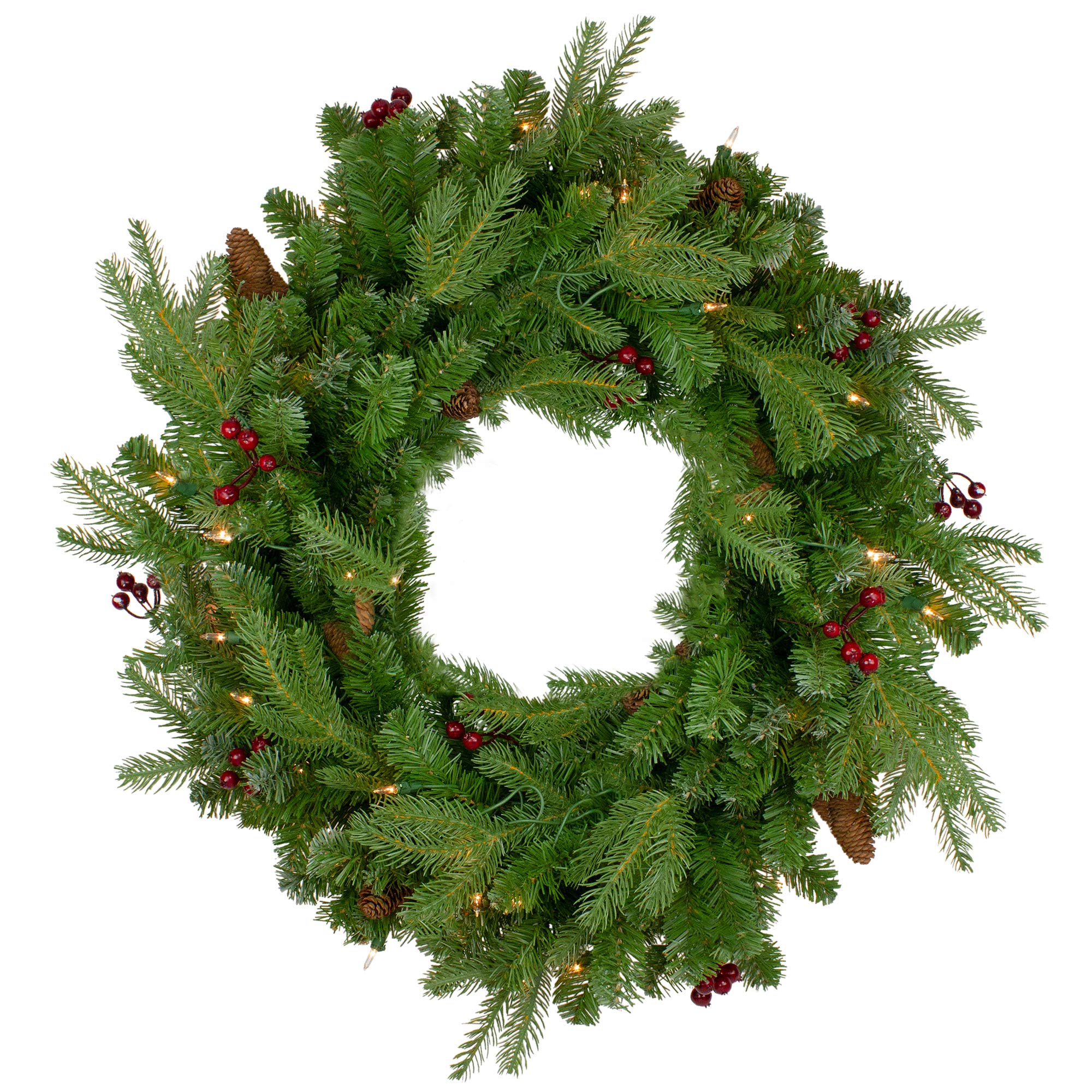 24-Inch Pre-Lit Mixed Winter Berry Pine Artificial Christmas Wreath with Clear Lights - Holiday Home Decor for Front Door, Fireplace & Wall