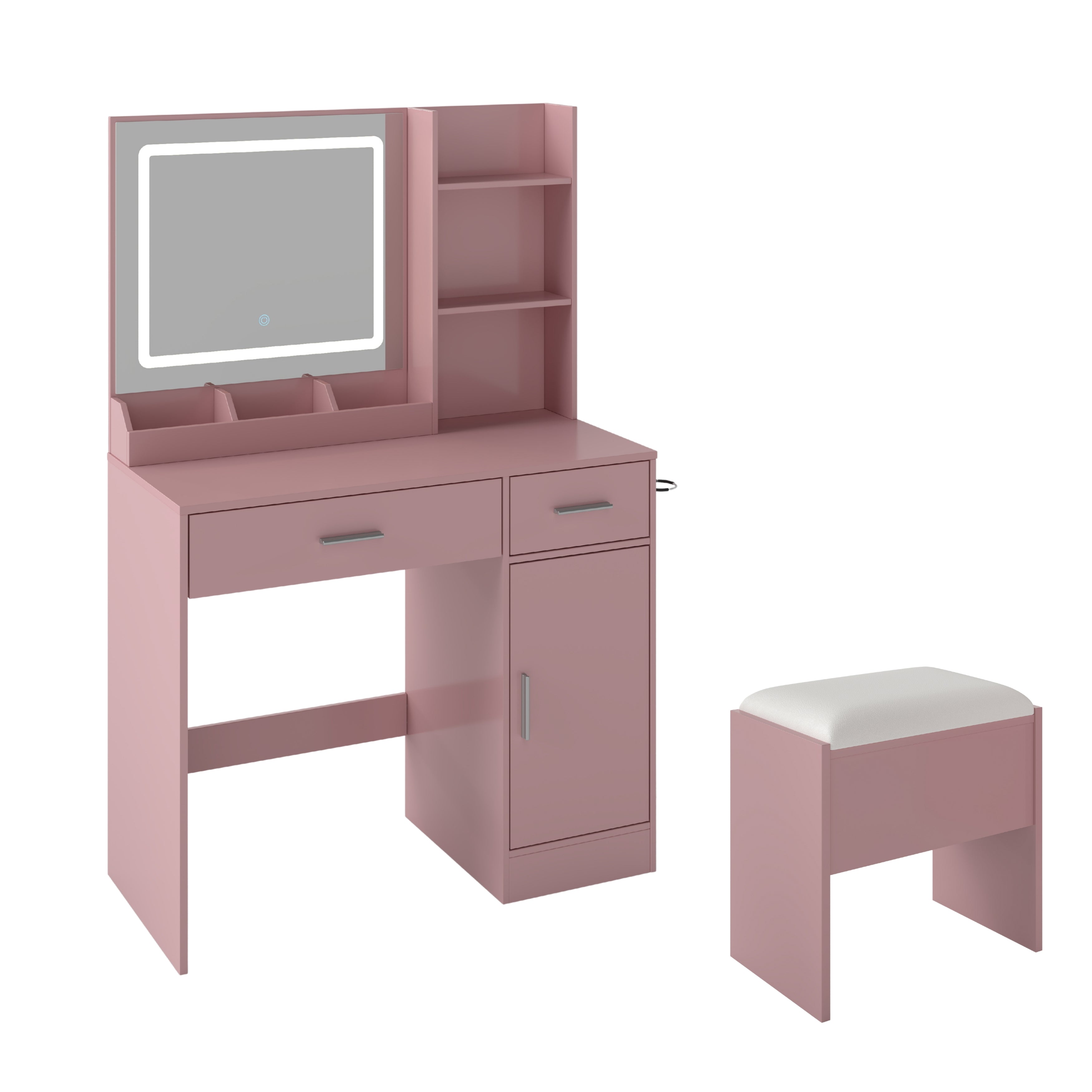 Roundhill Furniture Lavin Makeup Vanity Set with LED Light Mirror & Charging Station - White Vanity Desk & Stool for Bedroom, Dressing Room & Beauty Salon | Modern Makeup Table with Storage & USB Ports