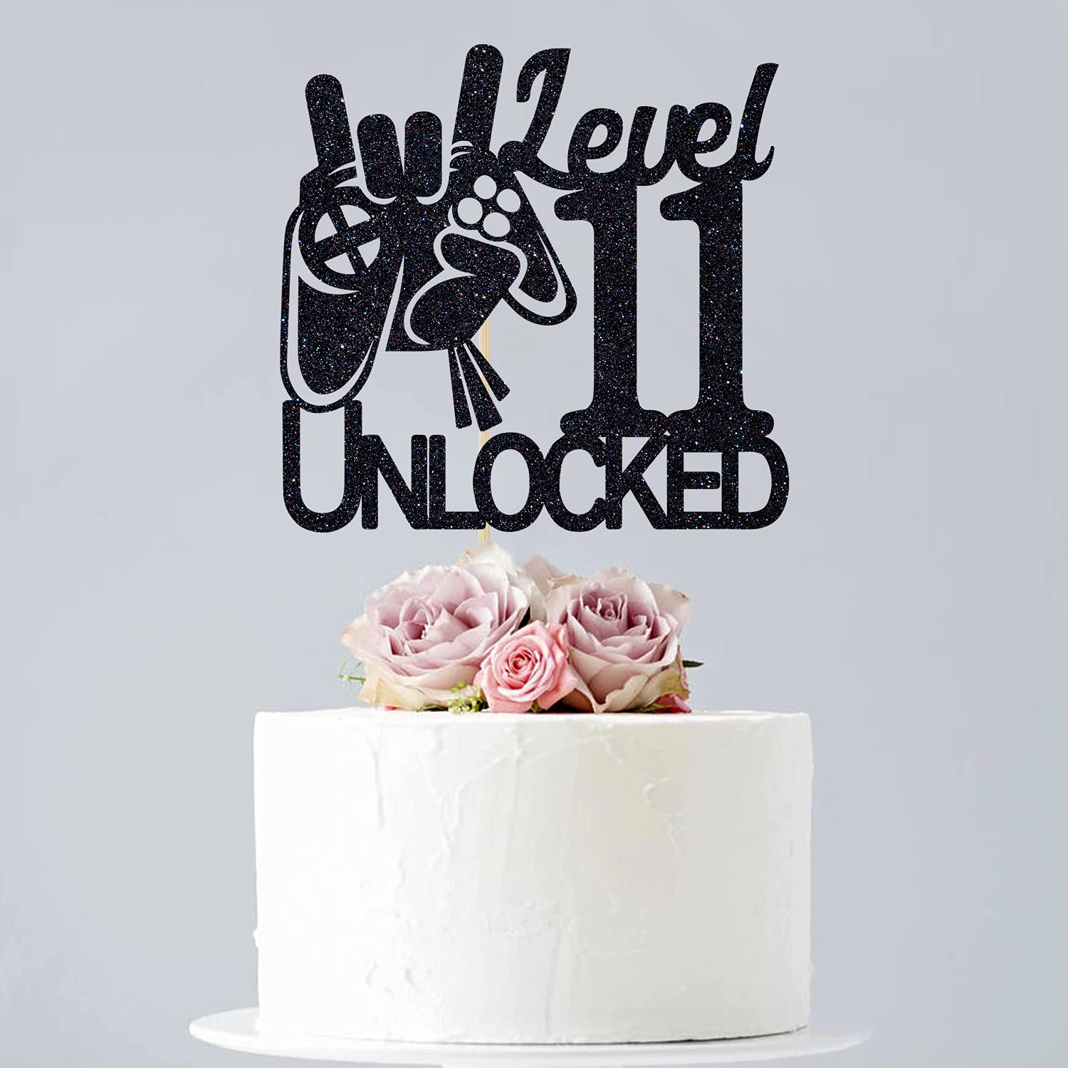 Black Glitter Video Game Level 11 Unlocked Cake Topper - Boys 11th Birthday Party Decorations - Gaming Theme Level Up Winner Cake Decor for Birthday Celebrations & Gaming Parties