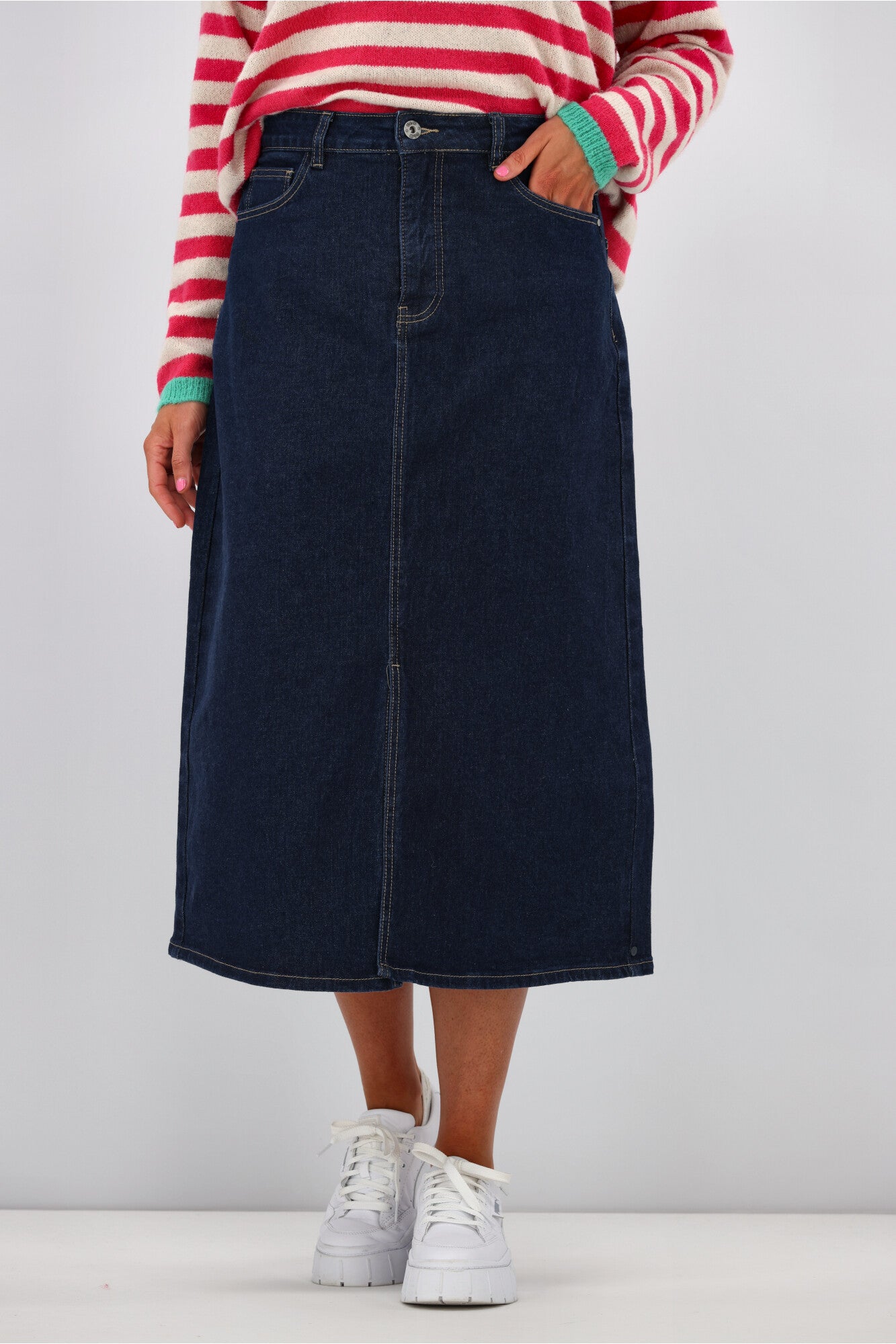 Elm Eloise Denim Midi Skirt for Women - Dark Blue Wash A-Line Denim Skirt | Perfect for Casual Outfits, Date Nights & Spring Summer Fashion