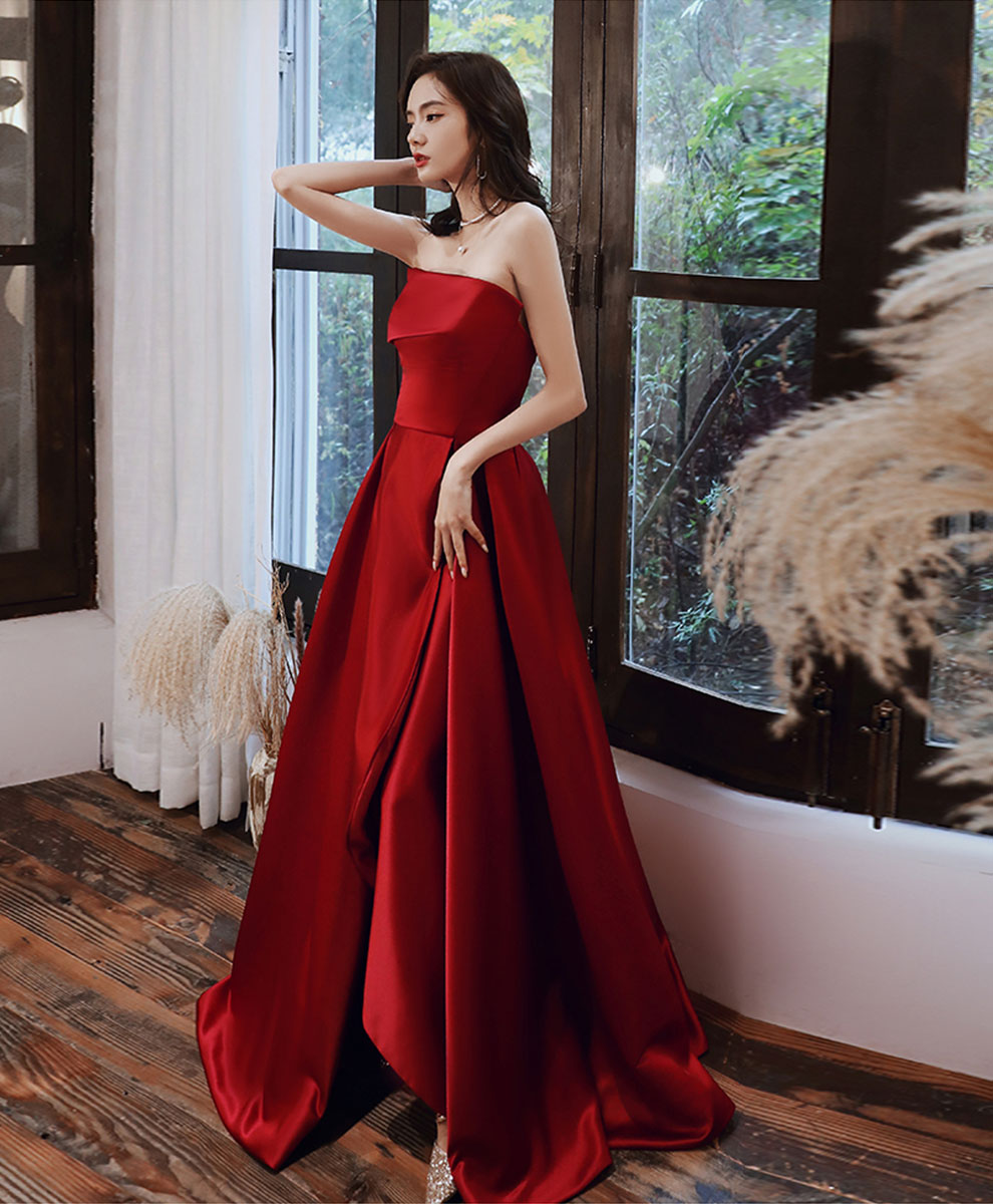 Elegant Burgundy Satin Long Prom Dress & Bridesmaid Gown - Perfect for Formal Dances, Weddings & Special Occasions