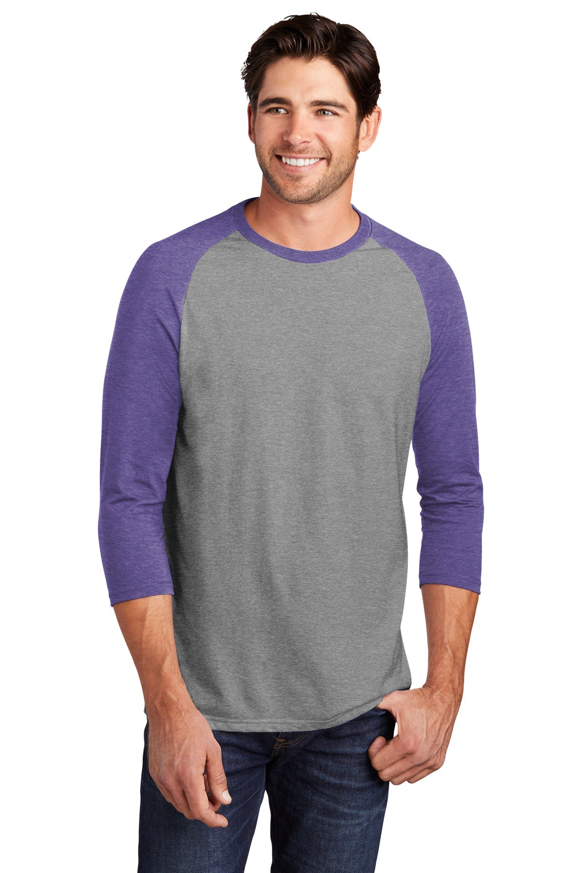 District Made Men's Perfect Tri 3/4 Sleeve T-Shirt - Purple Frost & Grey Frost - Casual Athletic Shirt for Gym, Running & Everyday Wear