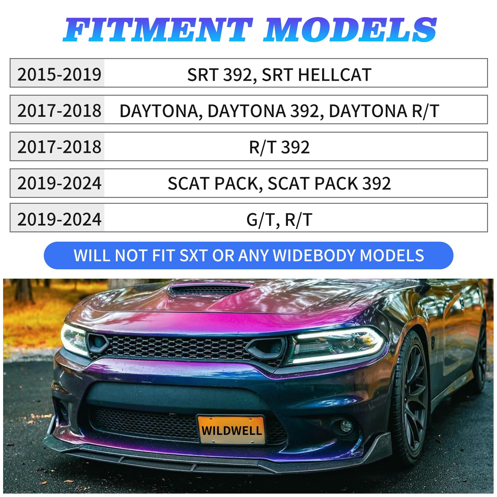 **WildWell Front Bumper Lip for 2015-2024 Dodge Charger SRT | Rock Style Front Lip Splitter | Air Chin Body Kit | Non-Widebody Glossy Black | Enhances Aerodynamics & Aggressive Look**    *(Perfect for Car Enthusiasts, Street Racing, and Custom Car Shows)*