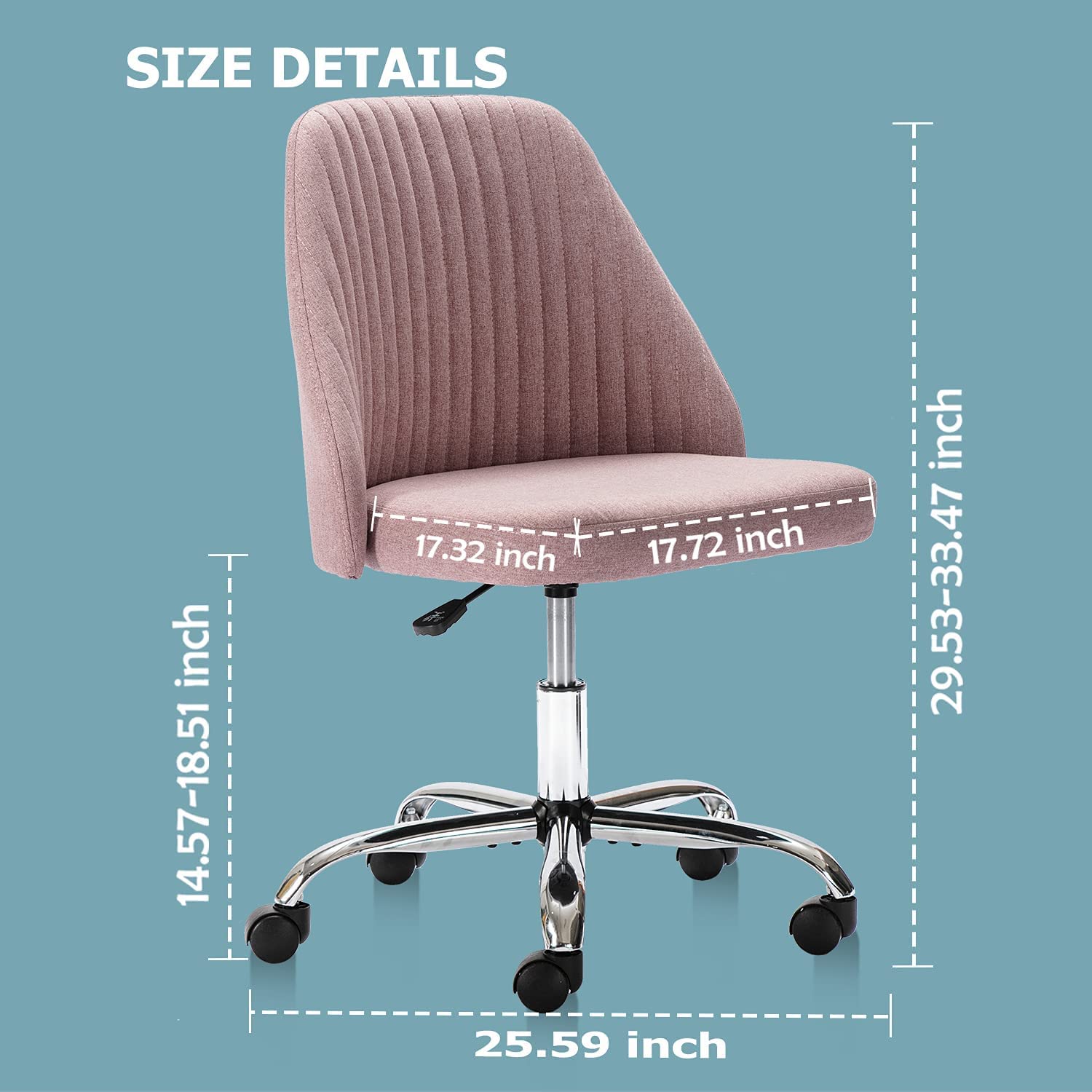 Ergonomic Home Office Desk Chair - Adjustable Low Back Rolling Vanity Chair with Wheels, Modern Twill Upholstered Cute Chair for Bedroom, Classroom & Dressing Room - Rose Pink - Perfect for Remote Work, Online Classes & Makeup Stations