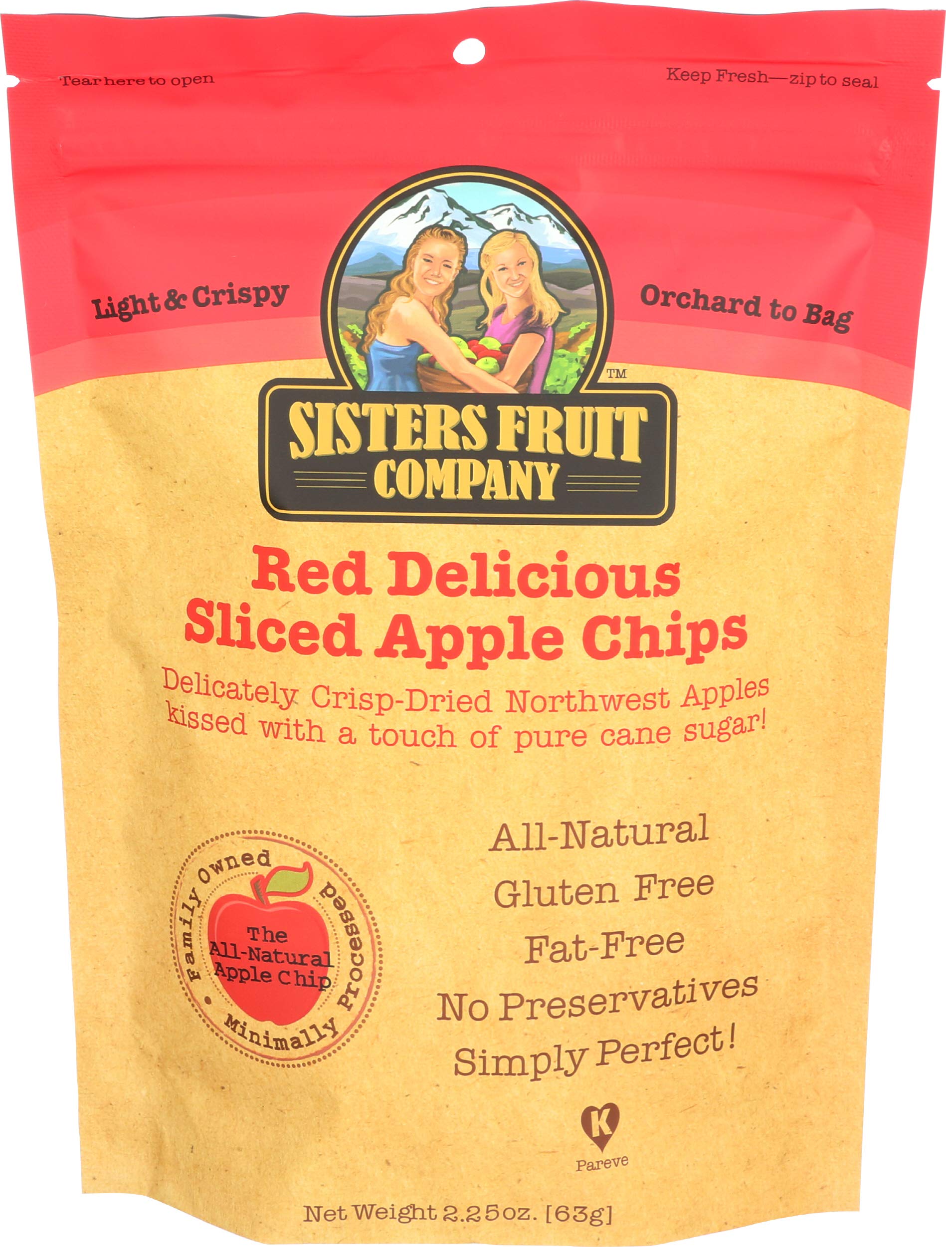 SISTERS FRUIT COMPANY Red Delicious Apple Slices - Crunchy Dried Apple Chips, 2.25oz Bag - Healthy Snack for Kids, Lunch Box & On-the-Go