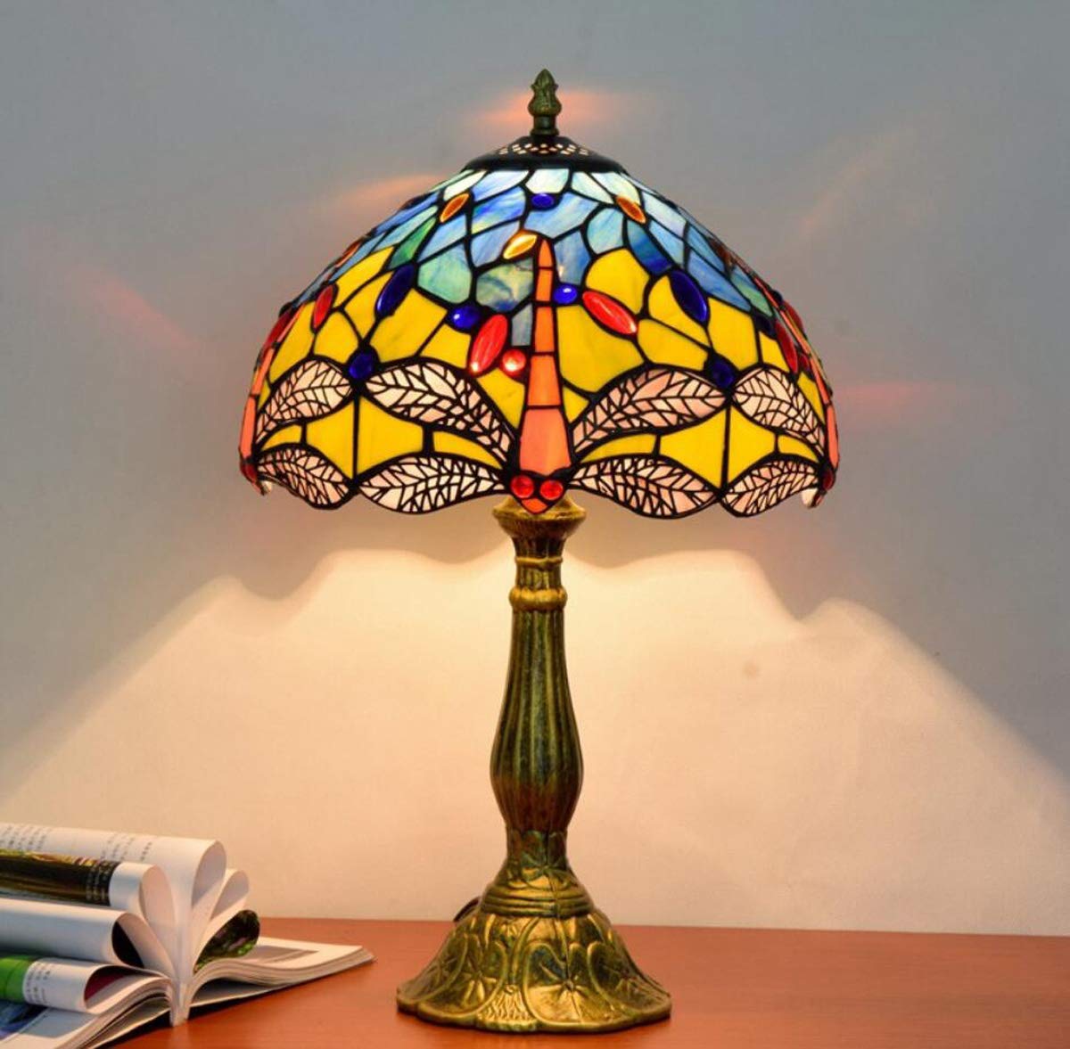 Vintage Tiffany Style Dragonfly Table Lamp - 12-inch Stained Glass Desk Lamp for Living Room, Bedroom, Bar & Coffee Table - Perfect for Home Decor, Reading & Ambient Lighting