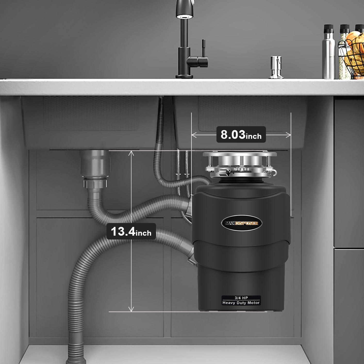 Ultra Quiet 3/4 HP Garbage Disposal - Powerful Stainless Steel Food Waste Disposer with Continuous Feed & Easy Installation | Perfect for Kitchen Sink, Dishwasher Hookup & Daily Food Scrap Disposal (MAX-5 Model)