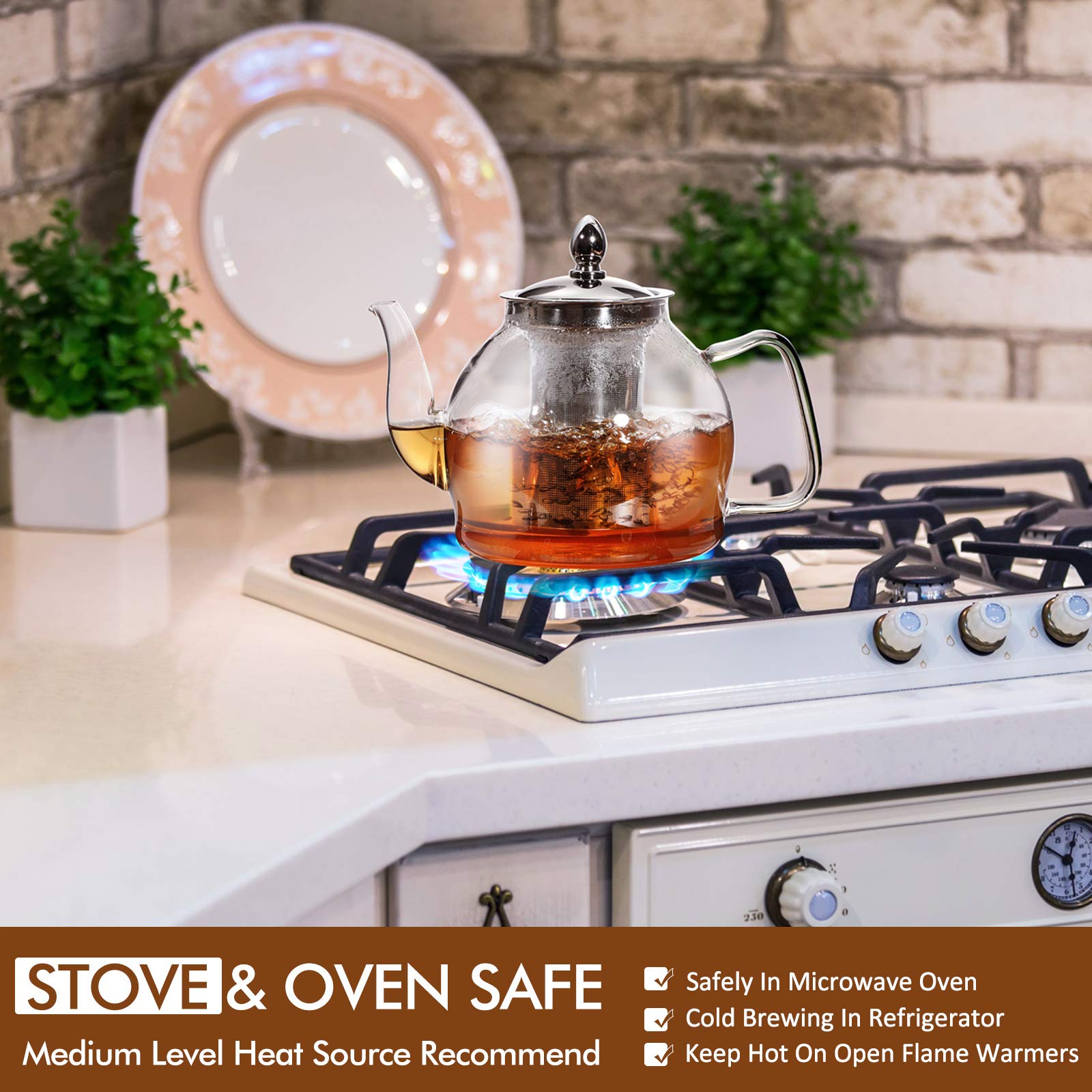 HIWARE 1000ml Glass Teapot with Removable Infuser - Stovetop Safe Tea Kettle for Blooming & Loose Leaf Tea - Perfect for Home, Office & Gift Giving - Ideal for Herbal, Green & Black Tea Brewing